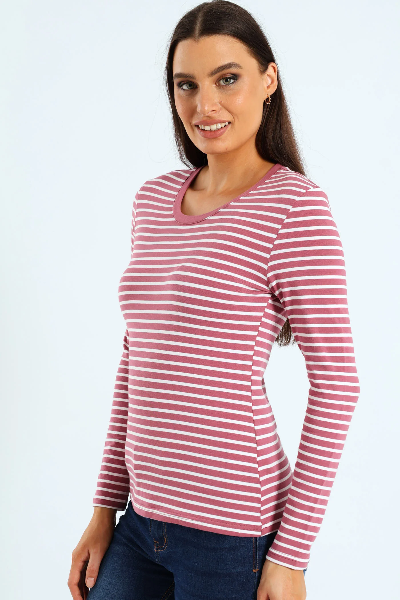 Long Sleeve Cotton Lycra Striped Crew Top - Rose/Cream - Image 4