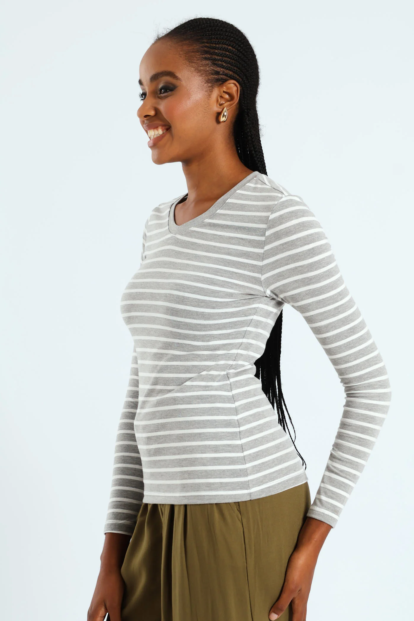 Long Sleeve Cotton Lycra Striped Tee - Grey/White - Image 2