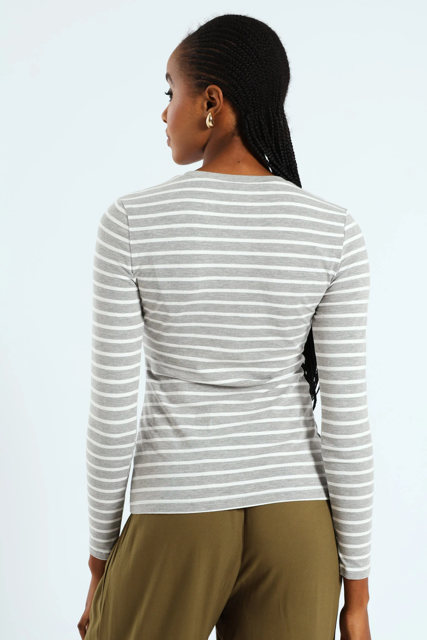Long Sleeve Cotton Lycra Striped Tee - Grey/White - Image 3