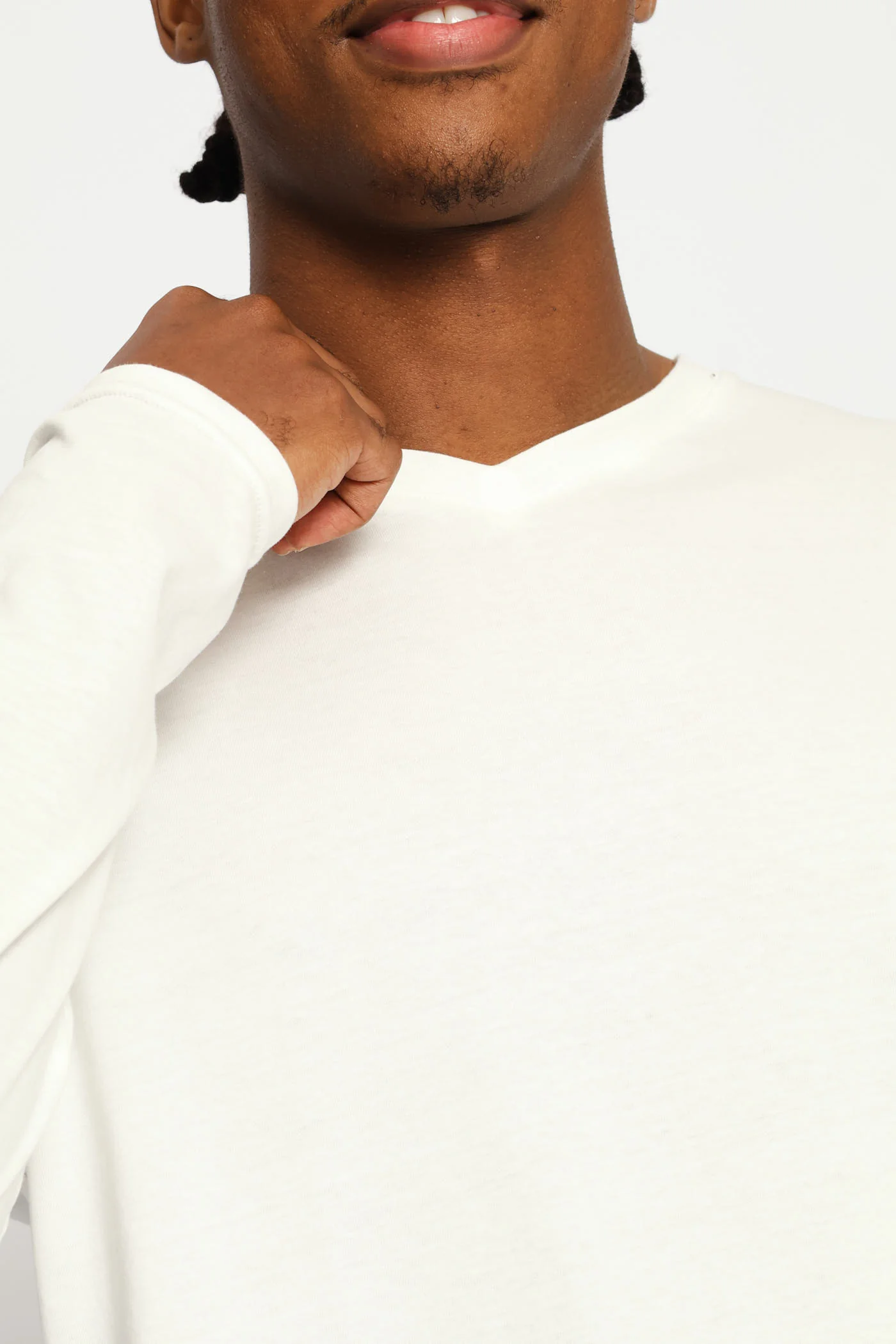 Long Sleeve Cotton Thermal V-Neck T-Shirt - White - Image 2