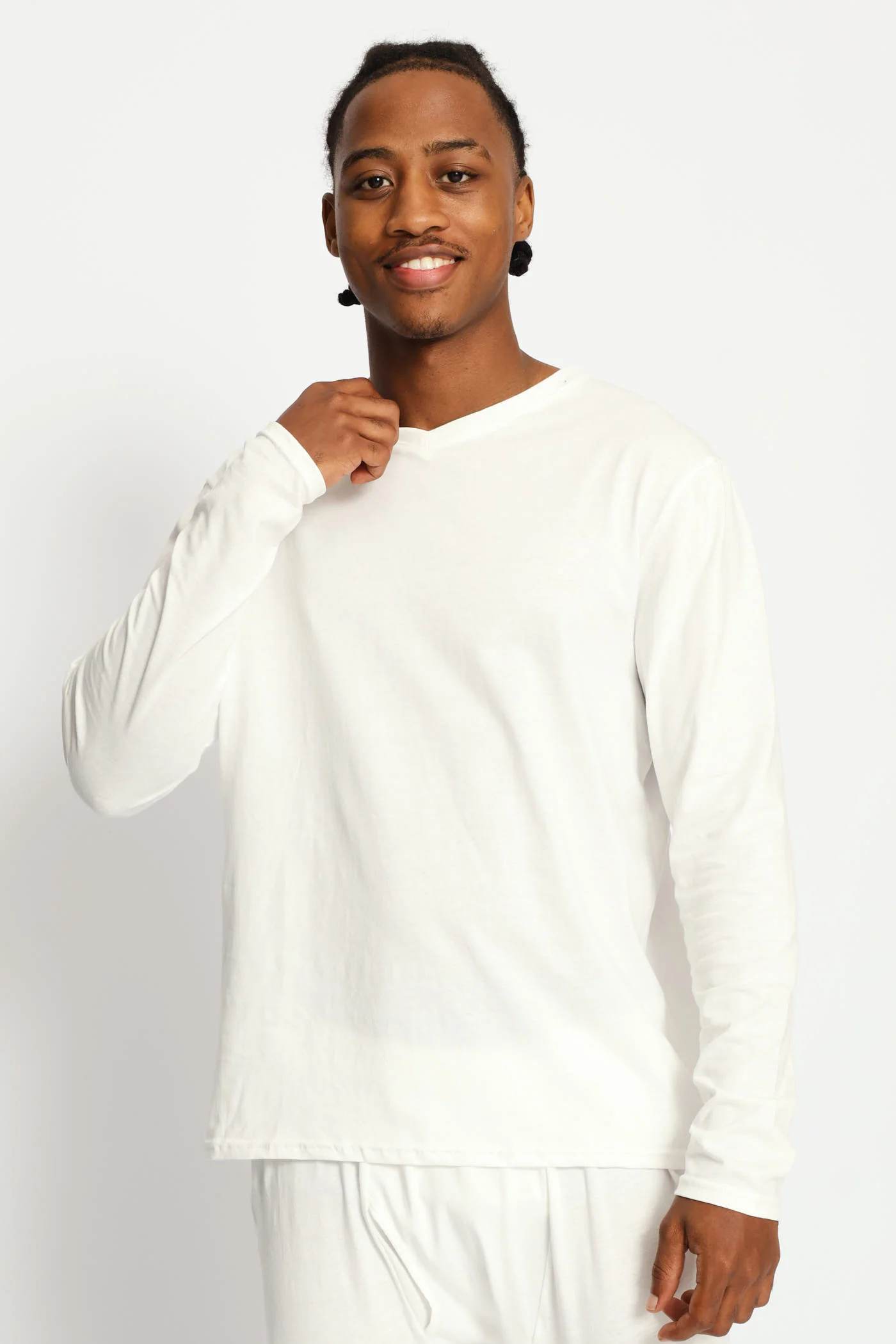 Long Sleeve Cotton Thermal V-Neck T-Shirt - White - Image 3