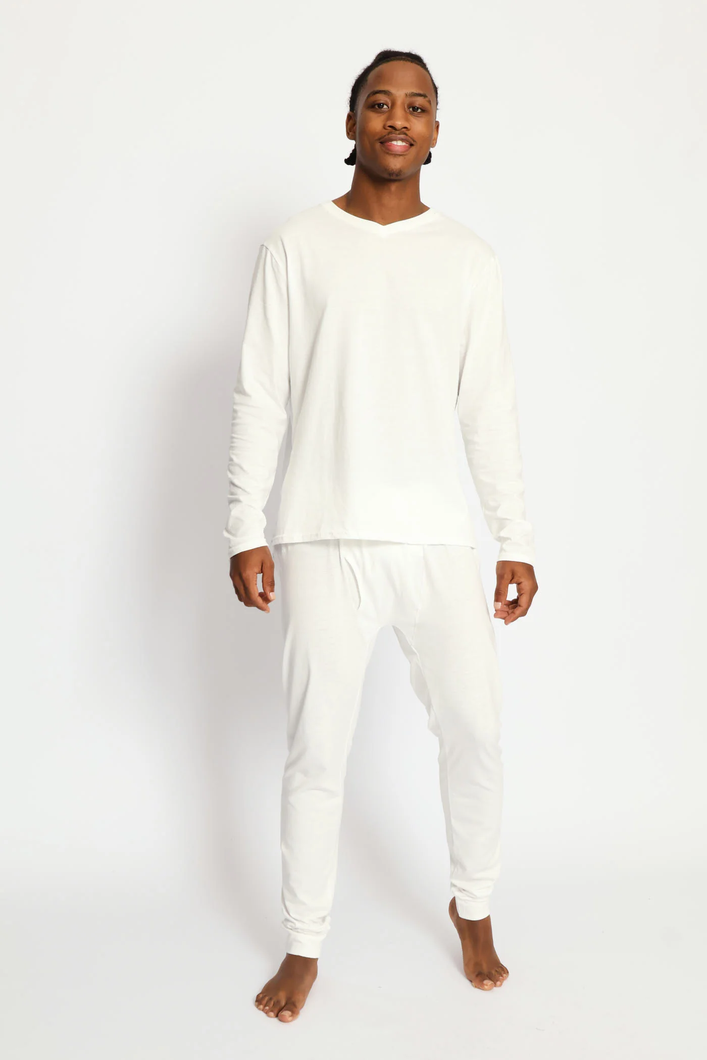 Long Sleeve Cotton Thermal V-Neck T-Shirt - White - Image 5