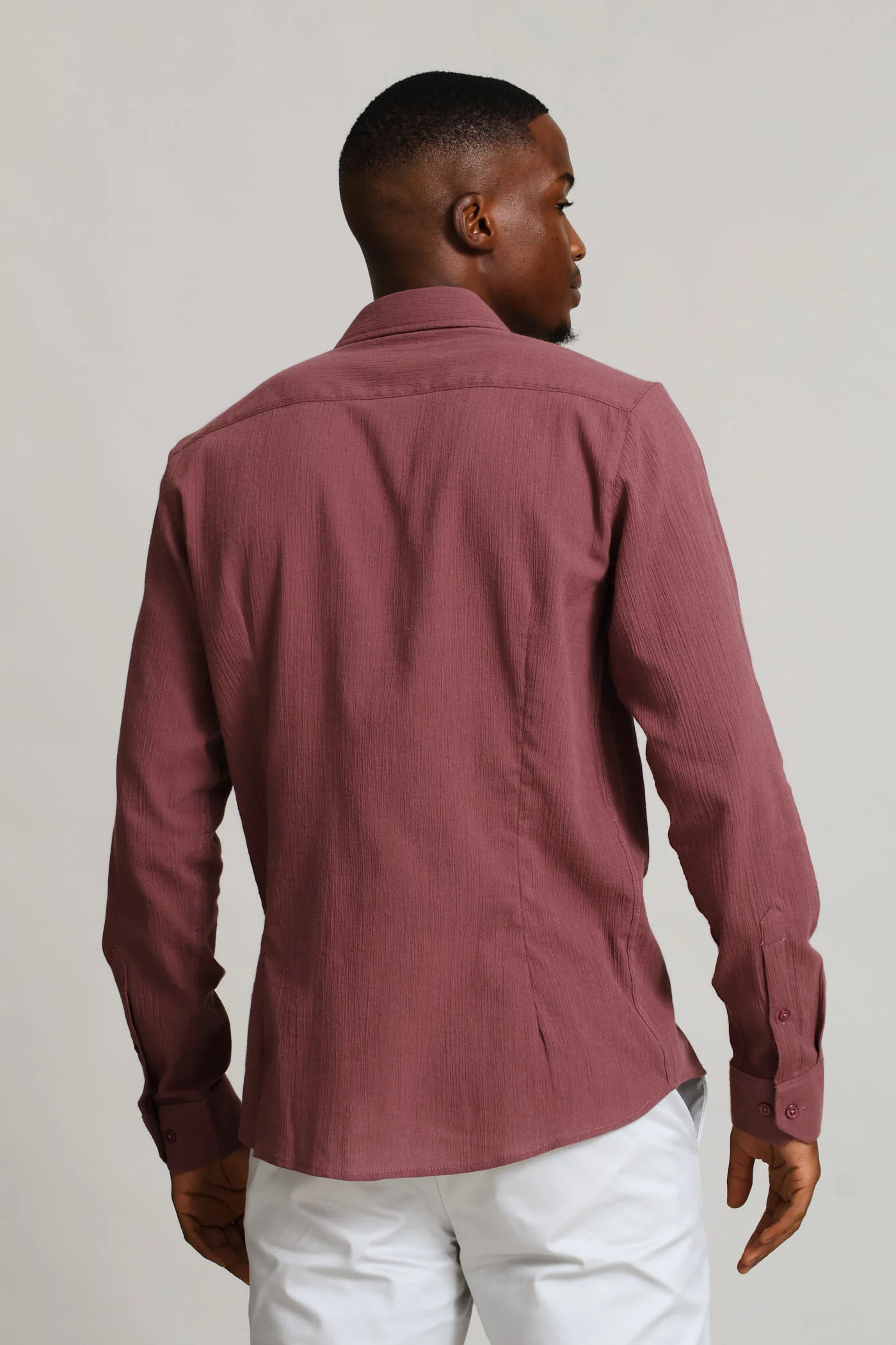 Long Sleeve Crinkle Look Textured Shirt - Rust/Cream - Image 2