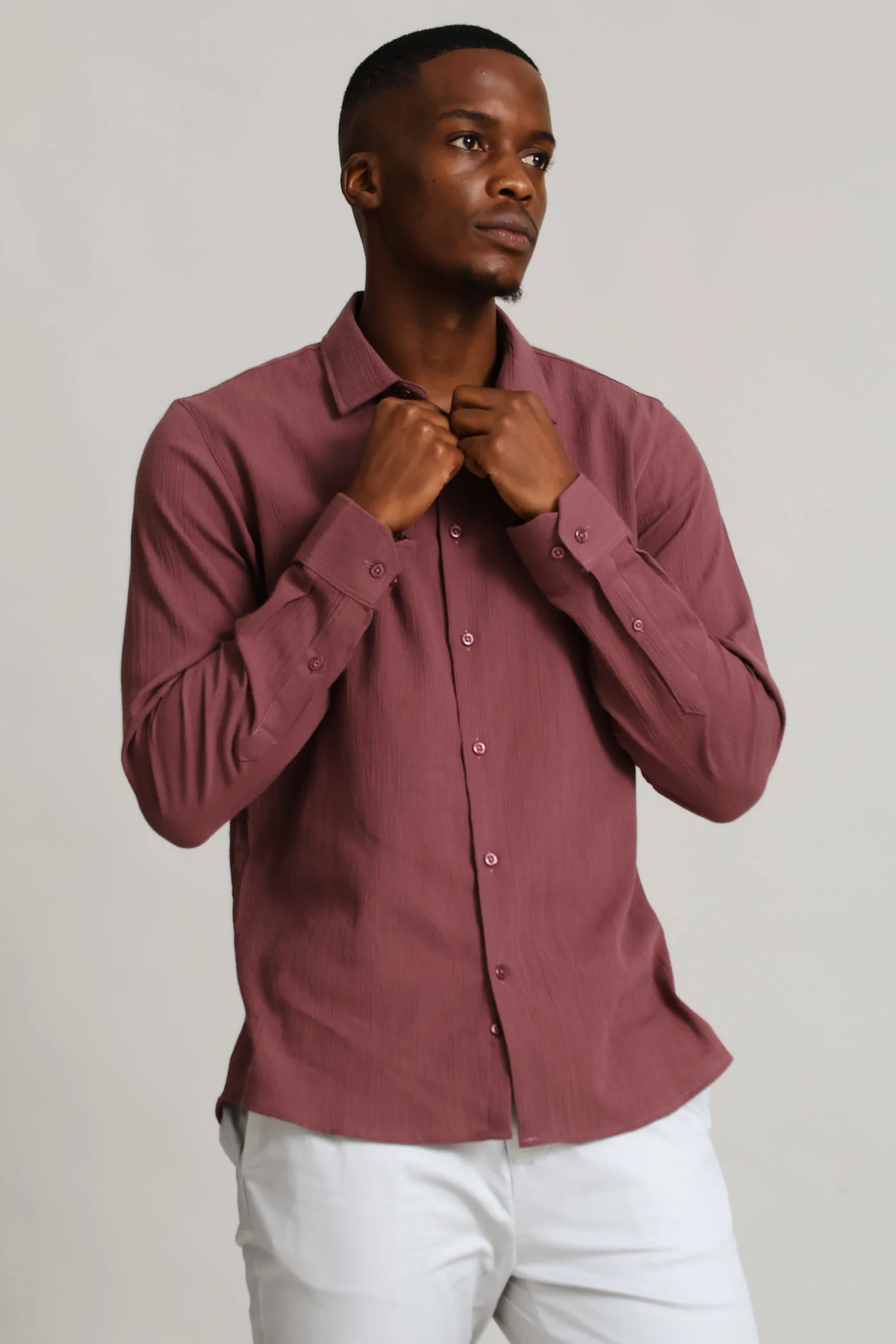 Long Sleeve Crinkle Look Textured Shirt - Rust/Cream - Image 3