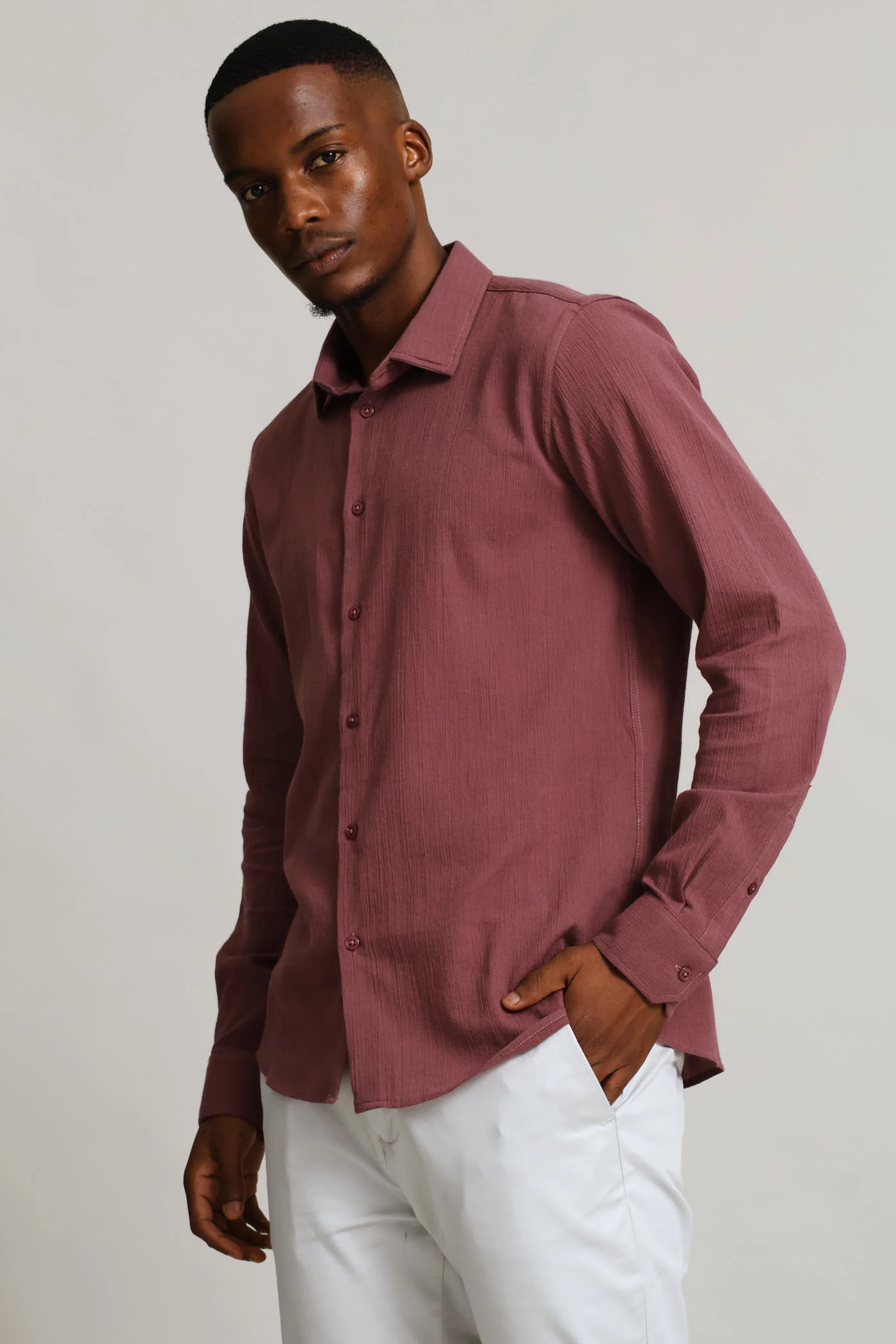 Long Sleeve Crinkle Look Textured Shirt - Rust/Cream - Image 4