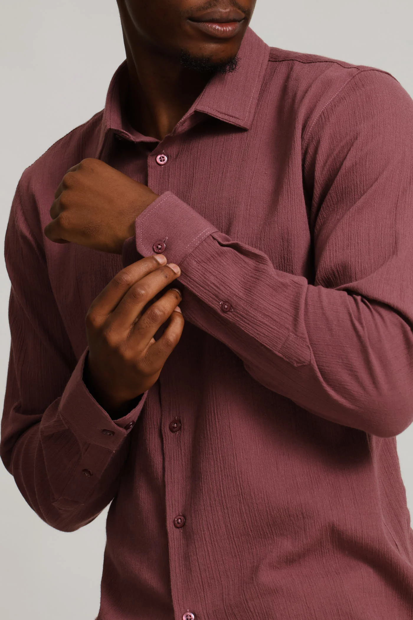 Long Sleeve Crinkle Look Textured Shirt - Rust/Cream - Image 5