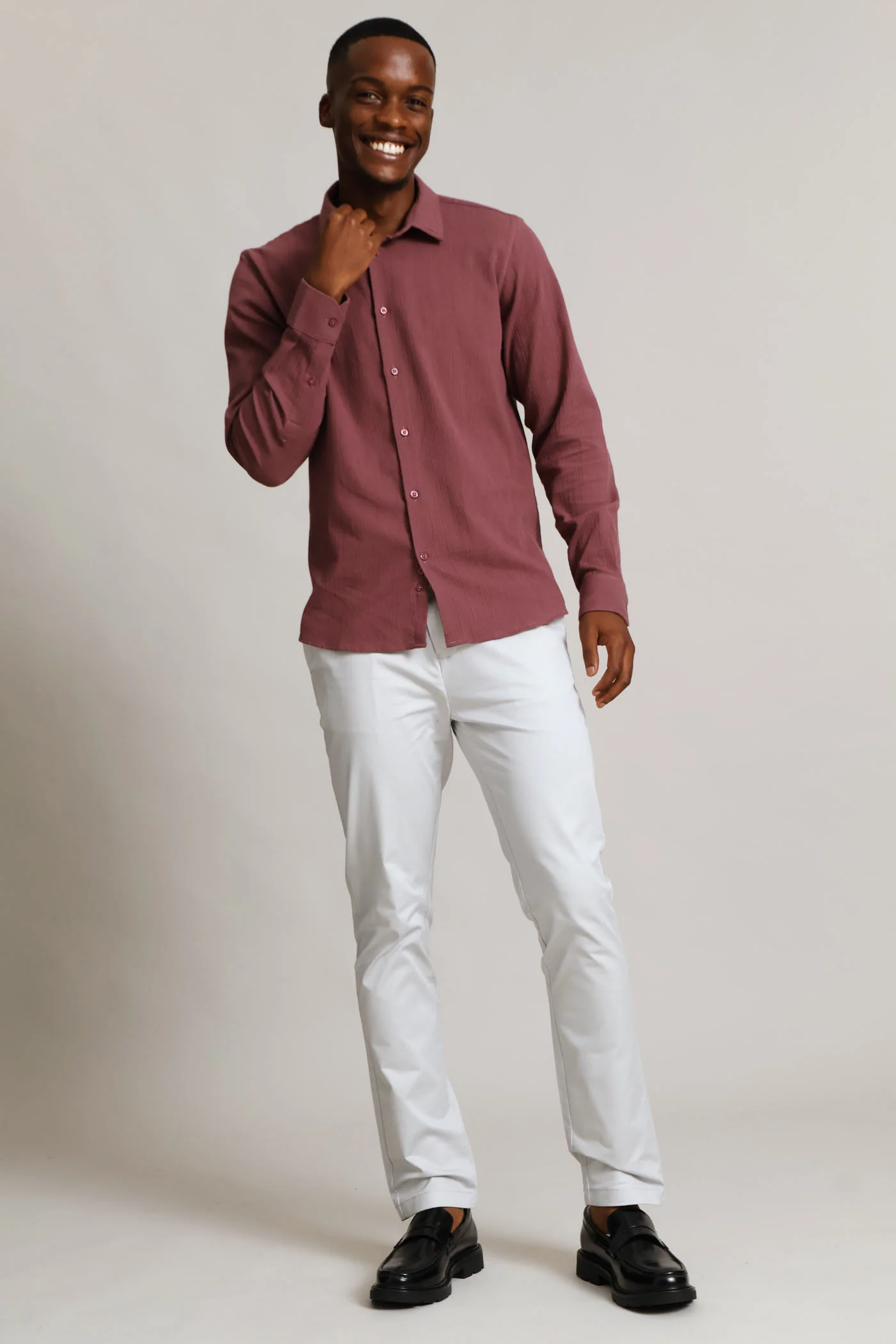 Long Sleeve Crinkle Look Textured Shirt - Rust/Cream - Image 6