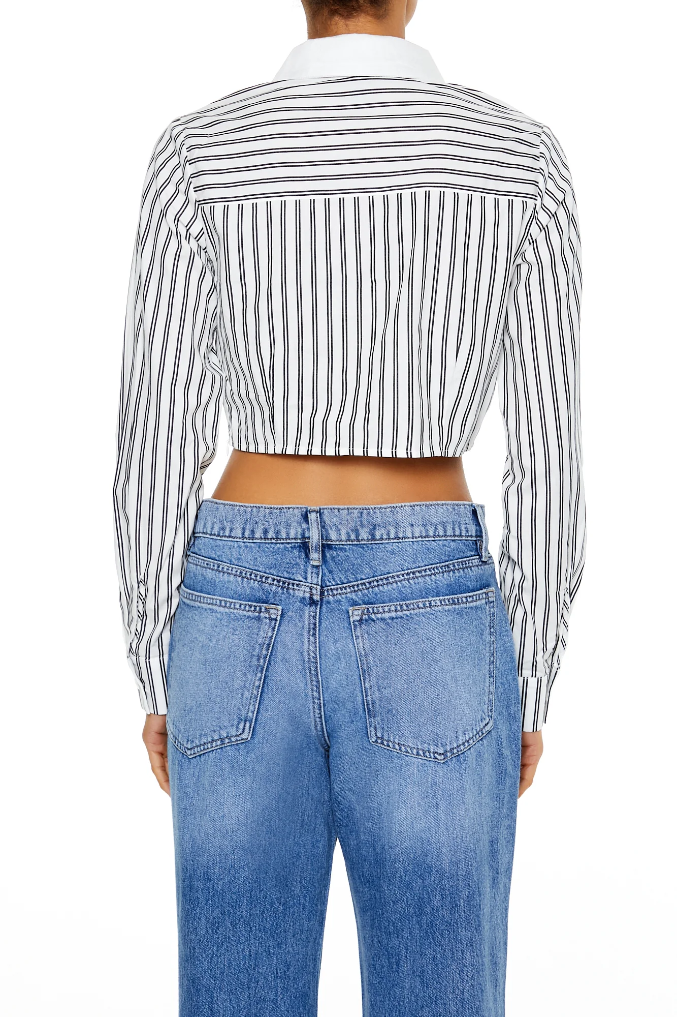 Long Sleeve Cropped Blouse - White/Black - Image 3