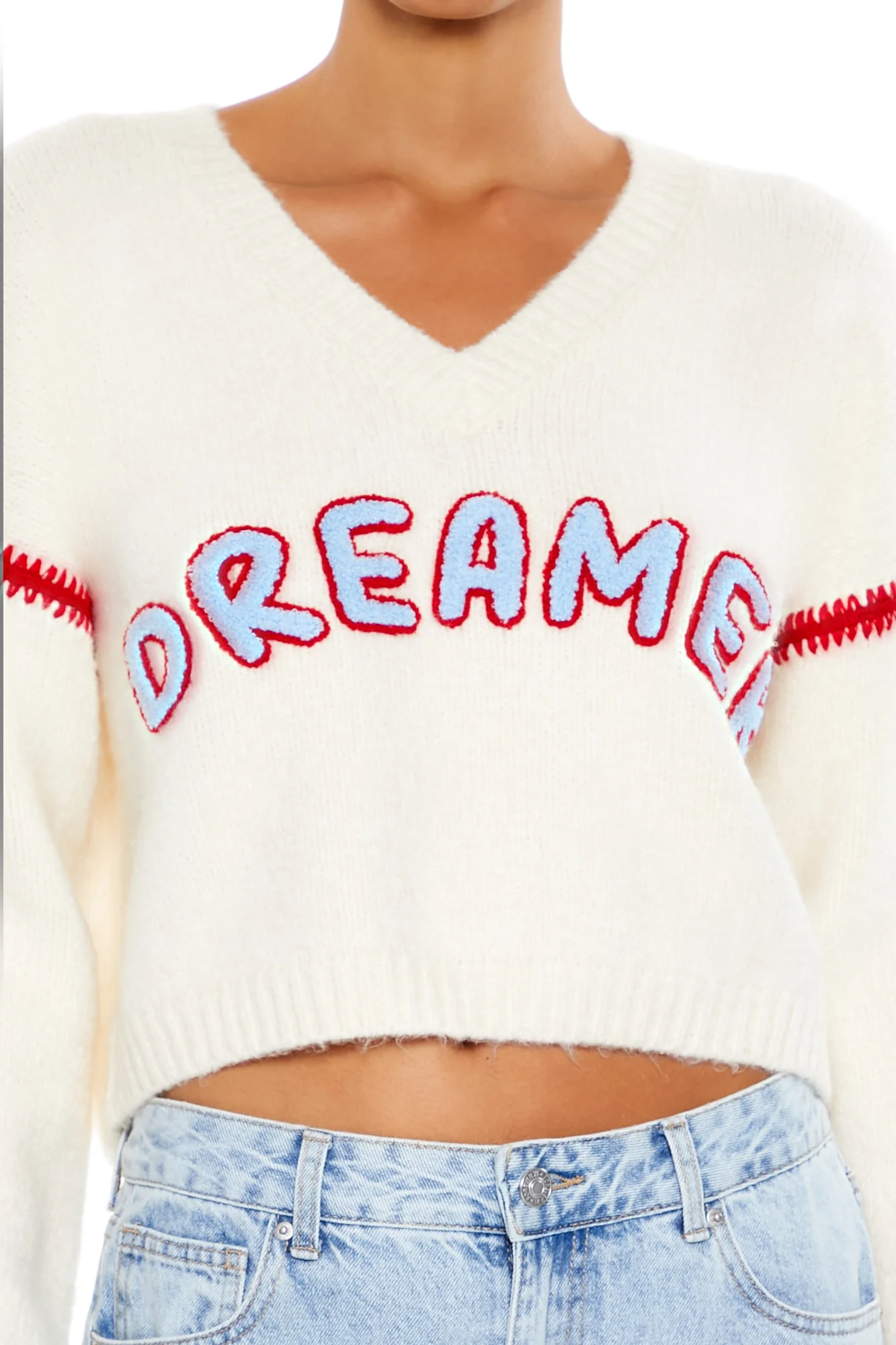 Long Sleeve Cropped Sweater Top - Cream - Image 2