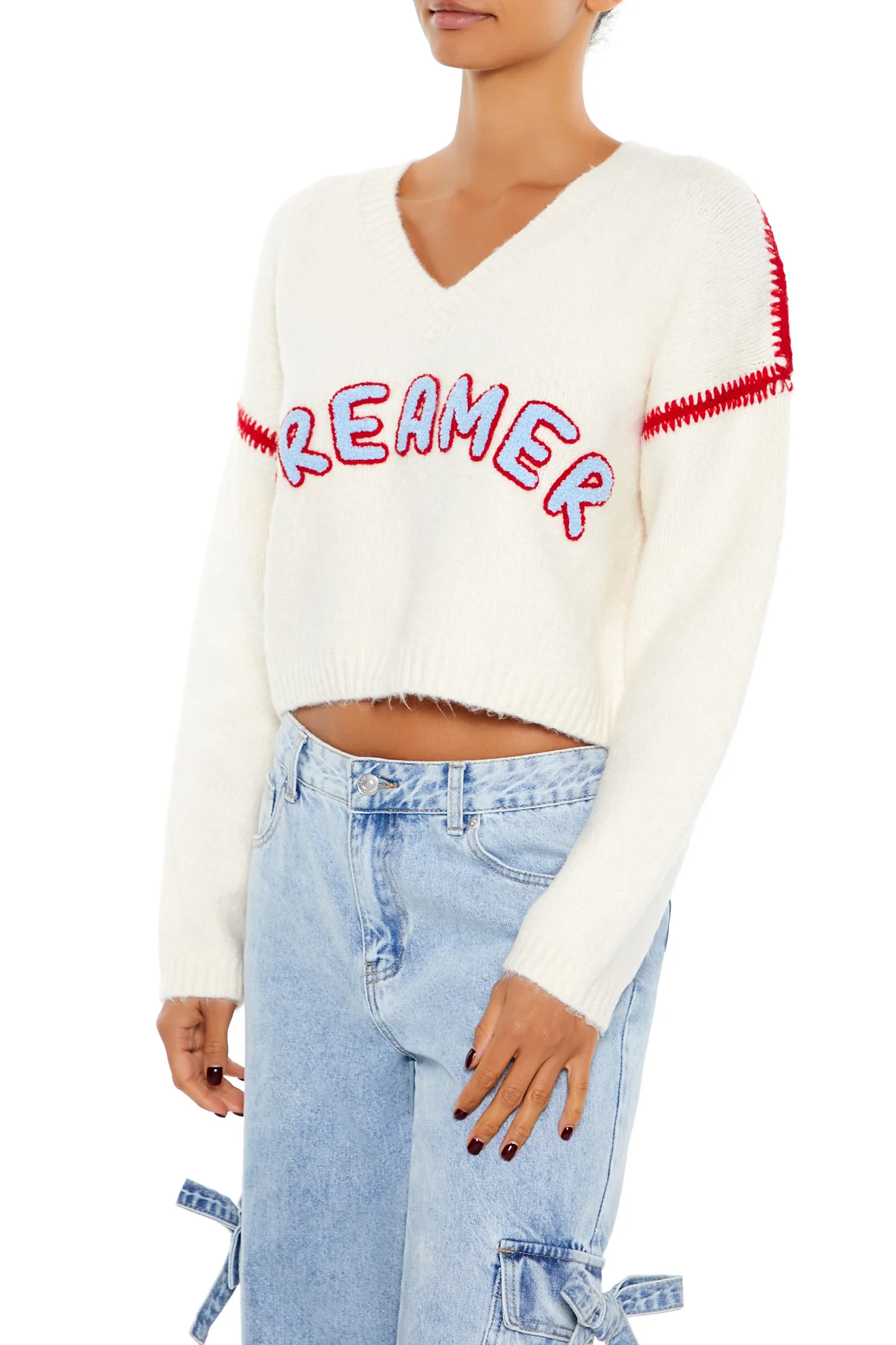 Long Sleeve Cropped Sweater Top - Cream - Image 3