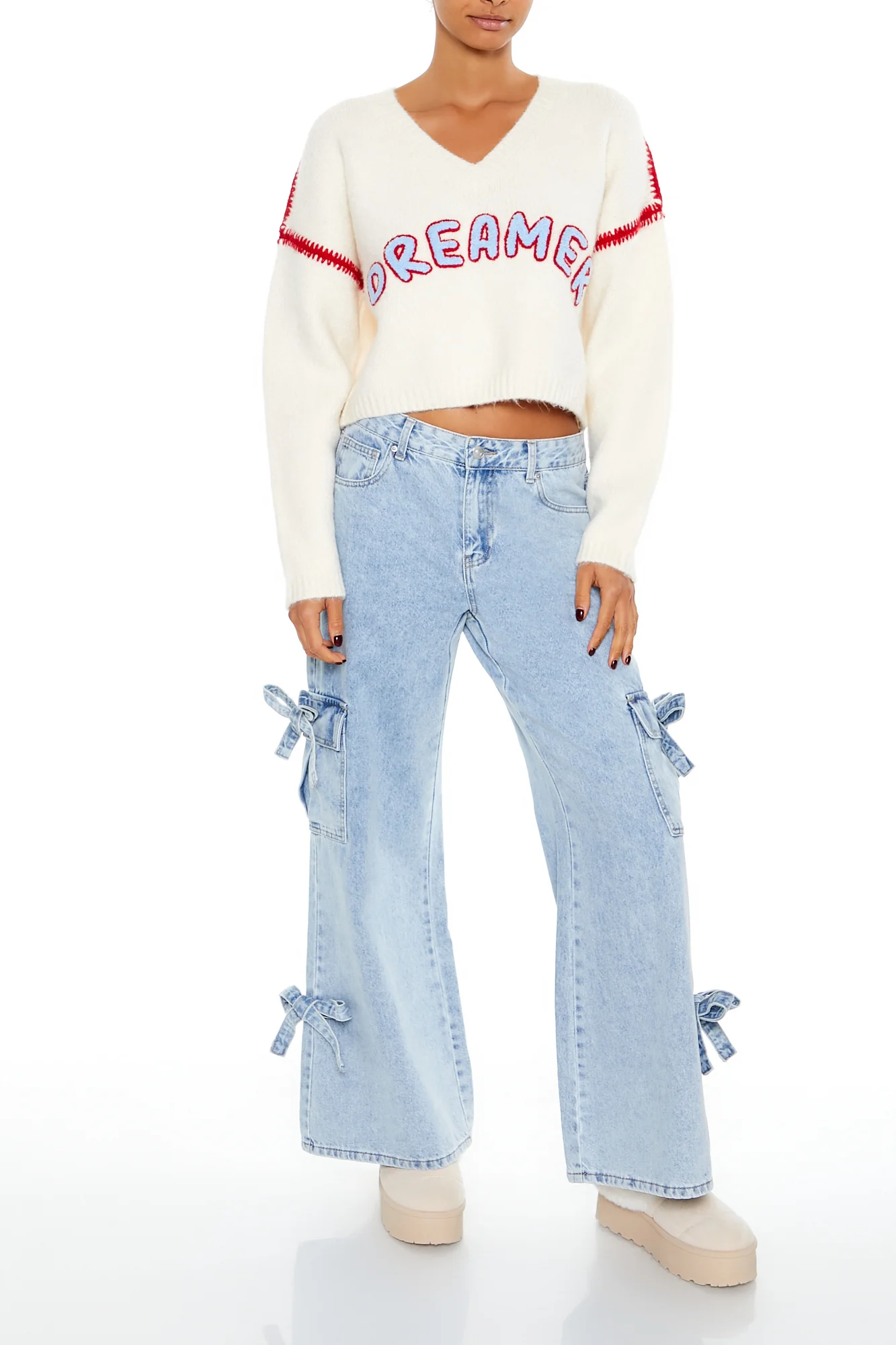 Long Sleeve Cropped Sweater Top - Cream - Image 5