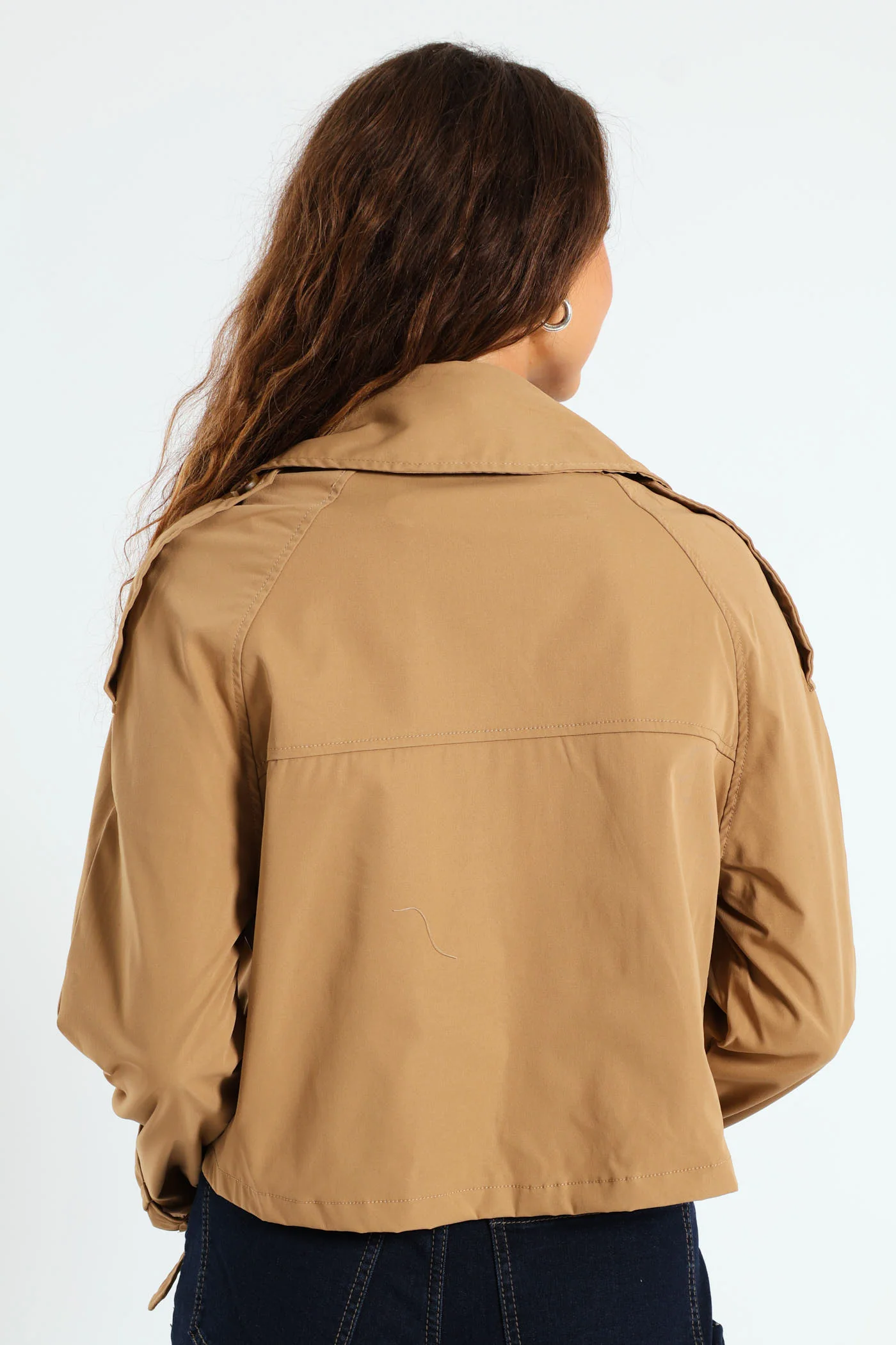 Long Sleeve Cropped Trench Jacket - Camel - Image 3