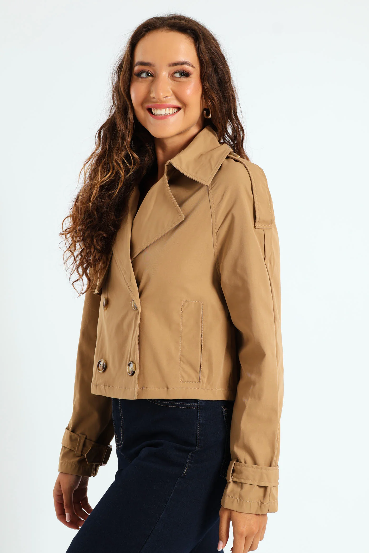 Long Sleeve Cropped Trench Jacket - Camel - Image 4