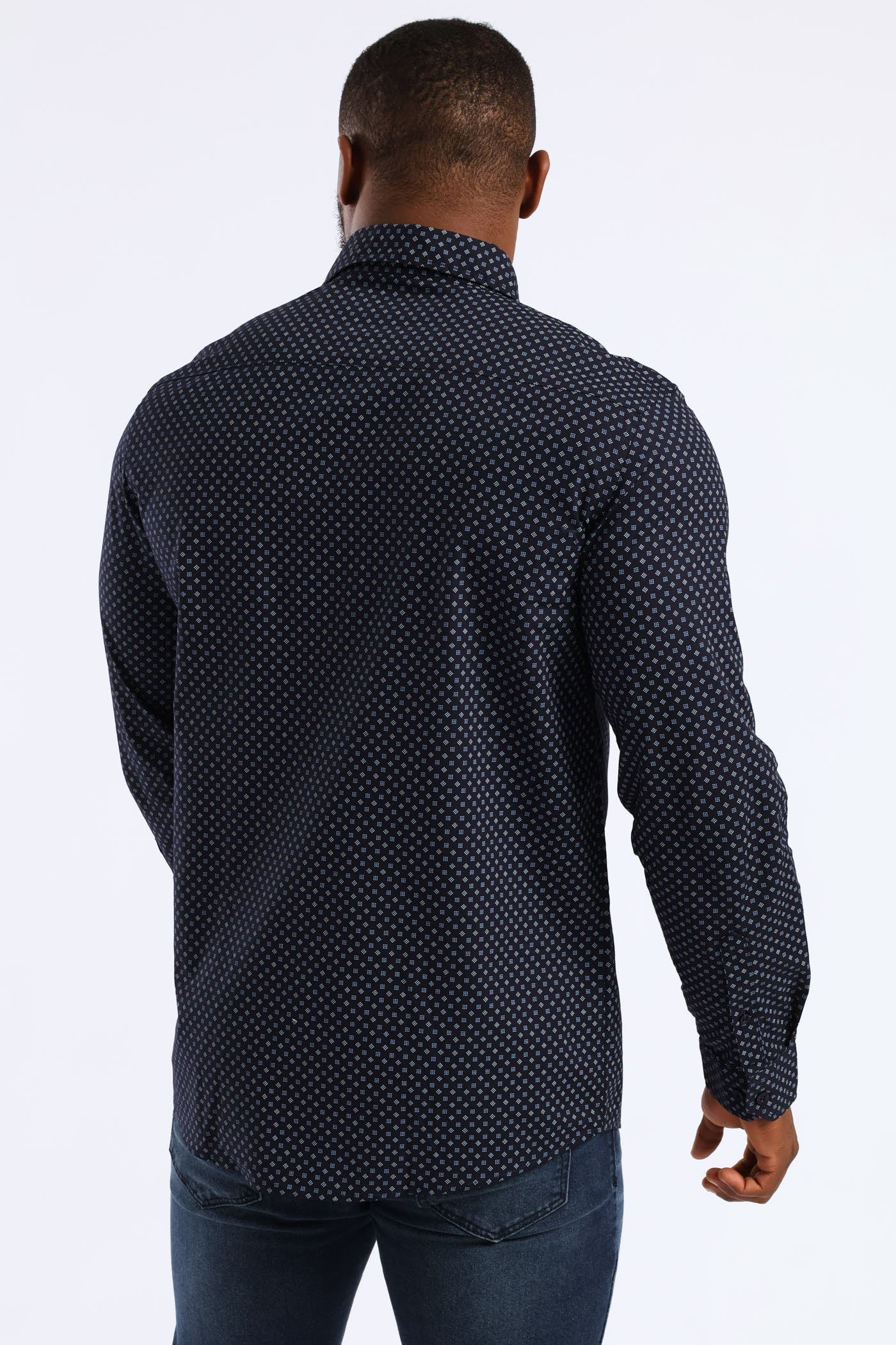 Long Sleeve Cube Print Button Down Shirt - Navy - Image 3