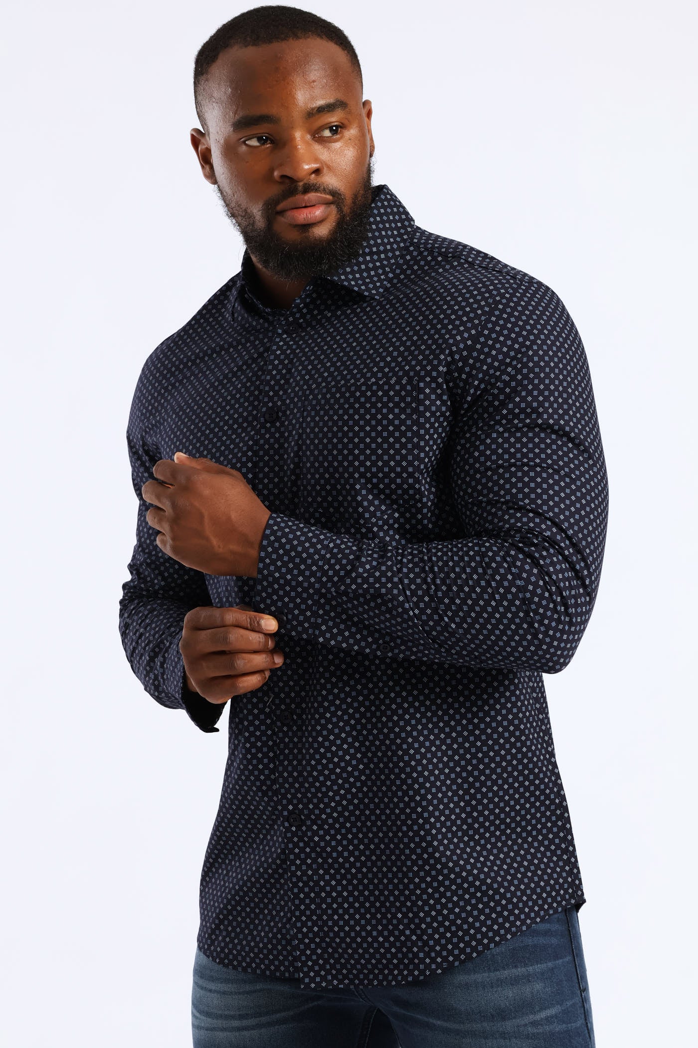 Long Sleeve Cube Print Button Down Shirt - Navy - Image 4