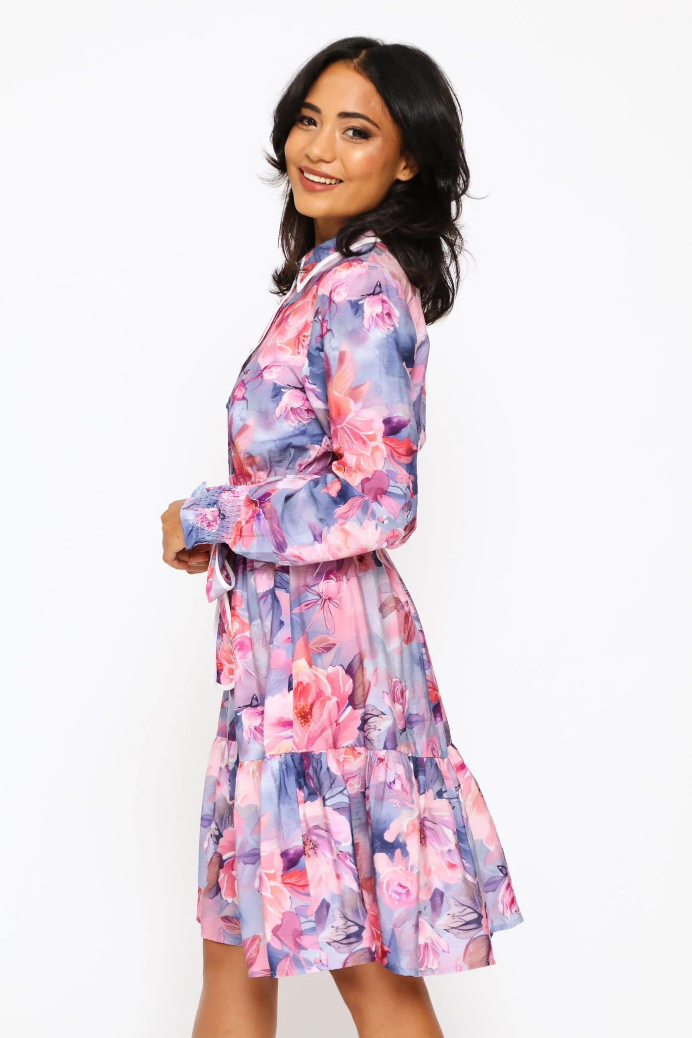 Long Sleeve Cuff Button Through Printed Midi Dress - Purple - Image 2