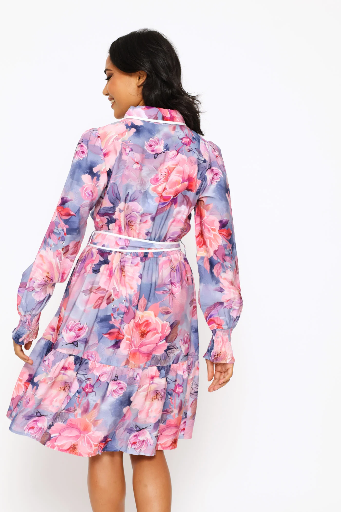 Long Sleeve Cuff Button Through Printed Midi Dress - Purple - Image 3