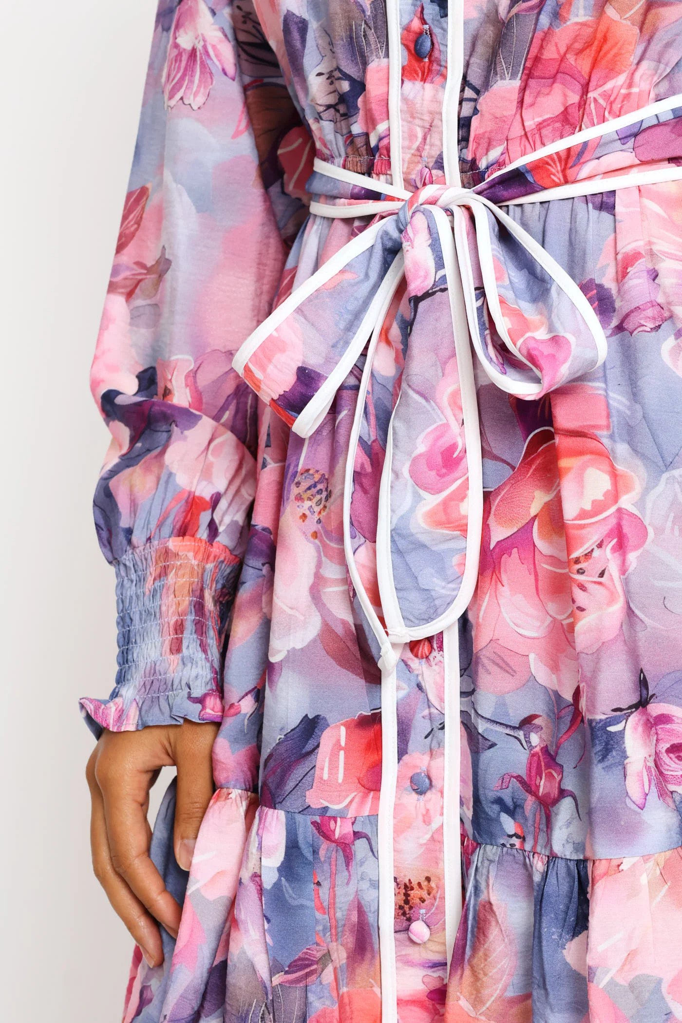 Long Sleeve Cuff Button Through Printed Midi Dress - Purple - Image 4