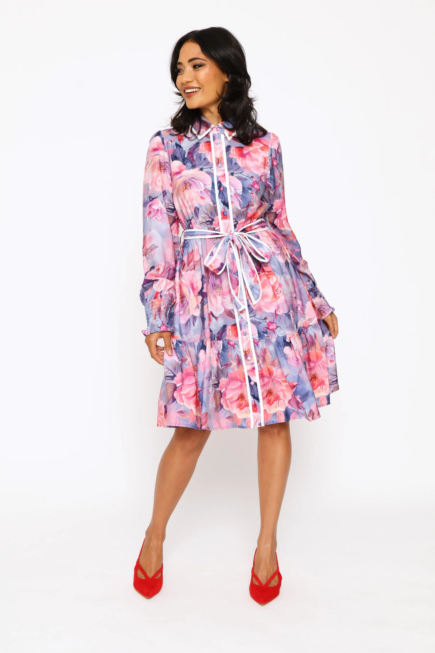 Long Sleeve Cuff Button Through Printed Midi Dress - Purple - Image 5