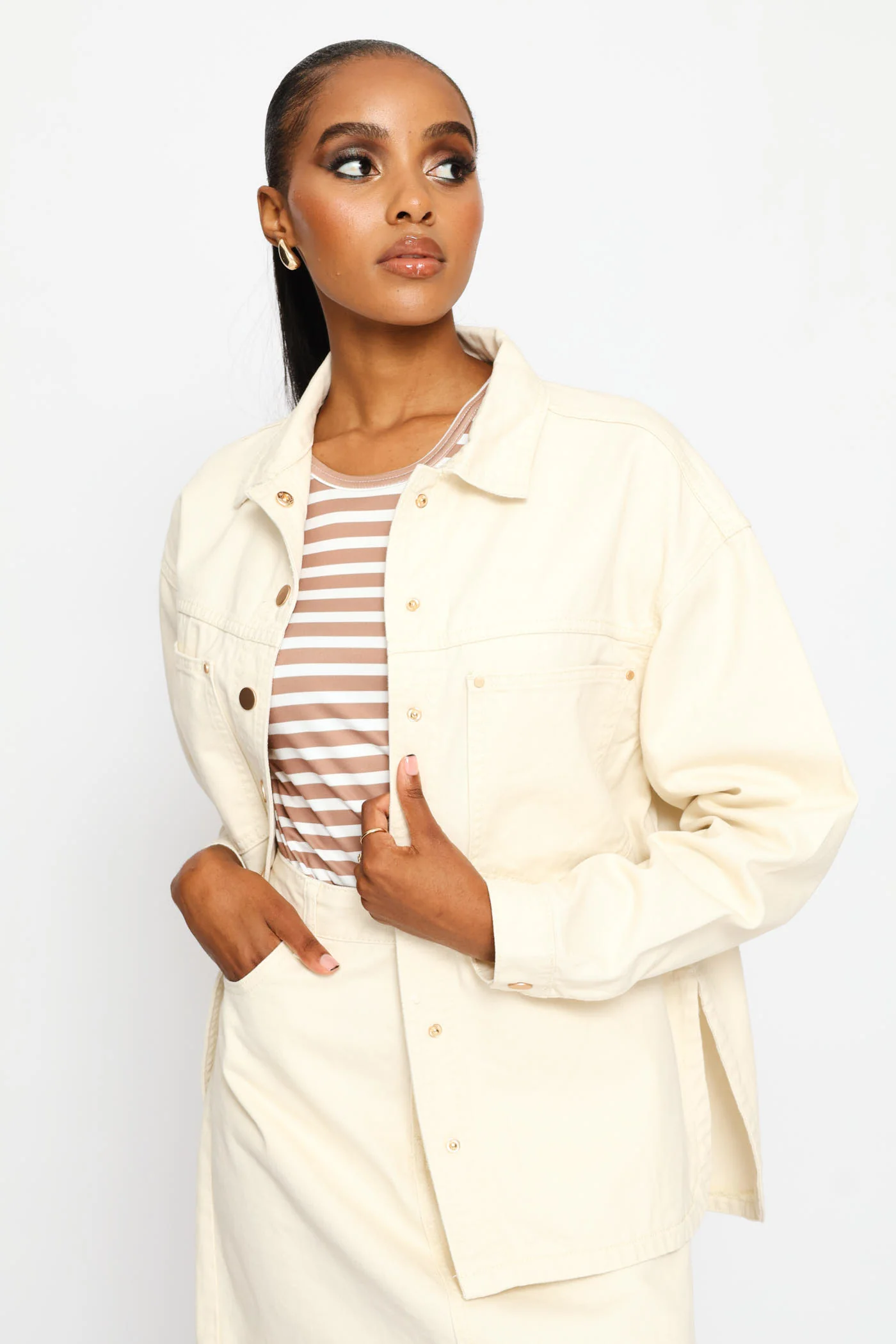 Long Sleeve Curved Hem Denim Shacket - Ecru - Image 4