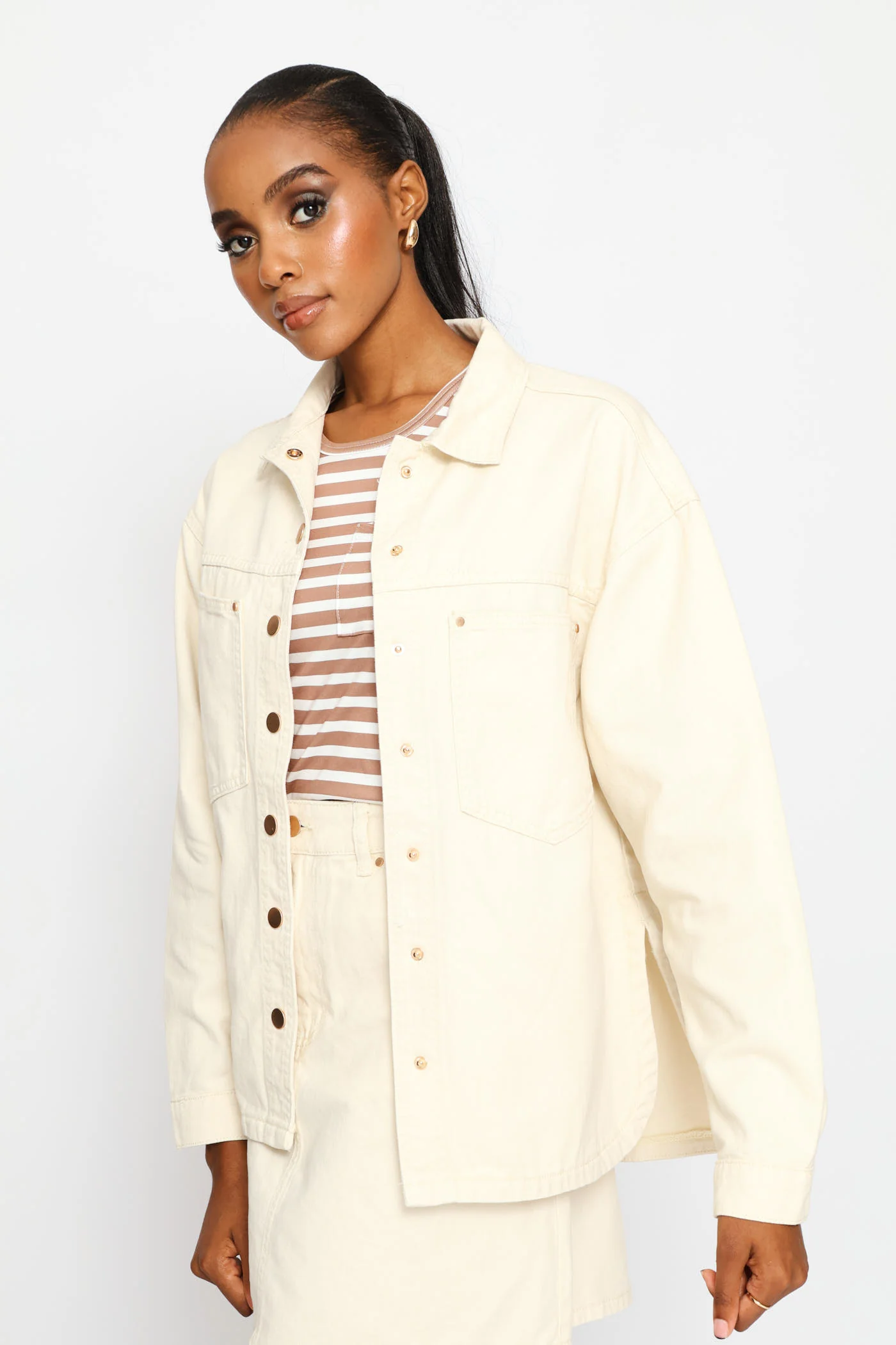 Long Sleeve Curved Hem Denim Shacket - Ecru - Image 5