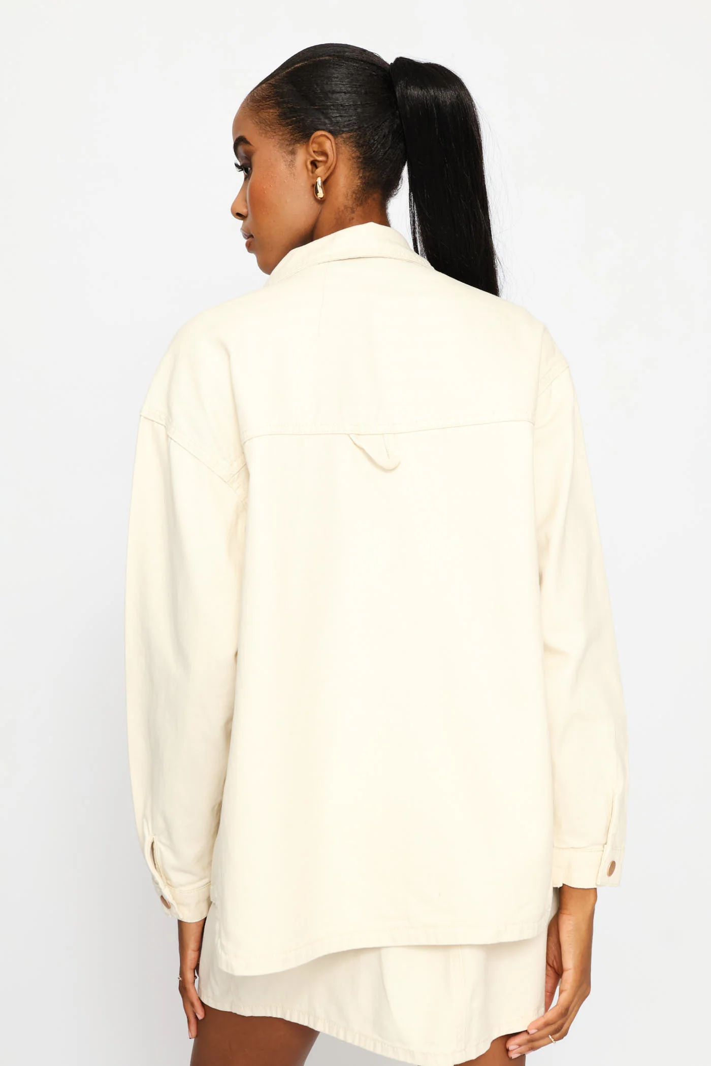 Long Sleeve Curved Hem Denim Shacket - Ecru - Image 6