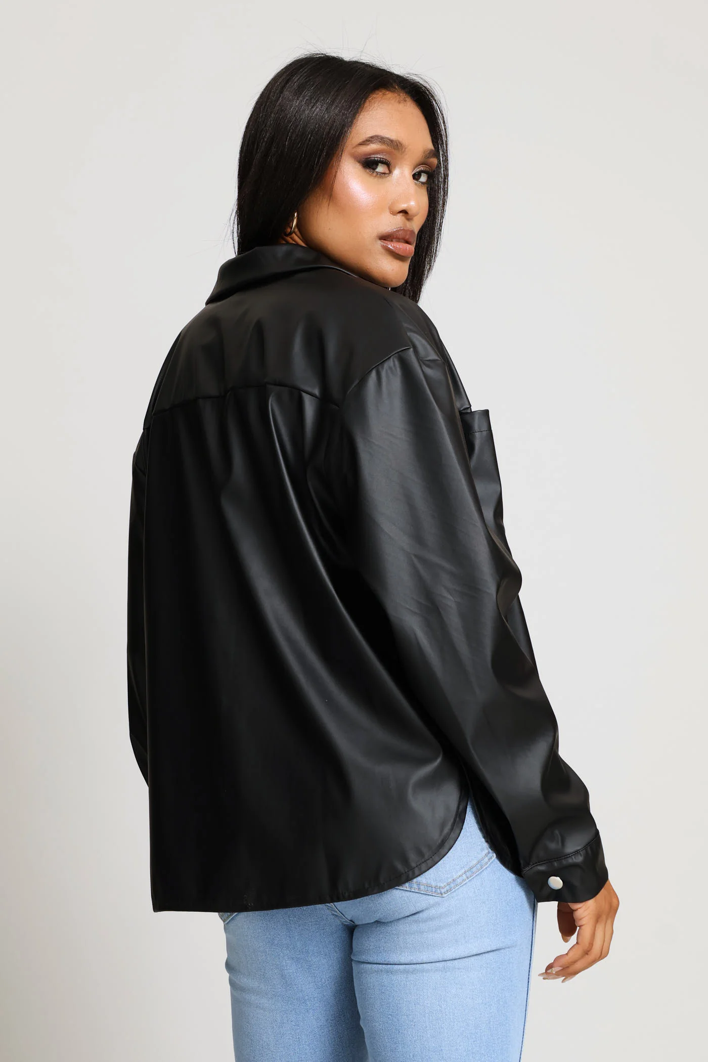 Long Sleeve Curved Hem Press Stud & Pocket Detail Shacket - Black - Image 2