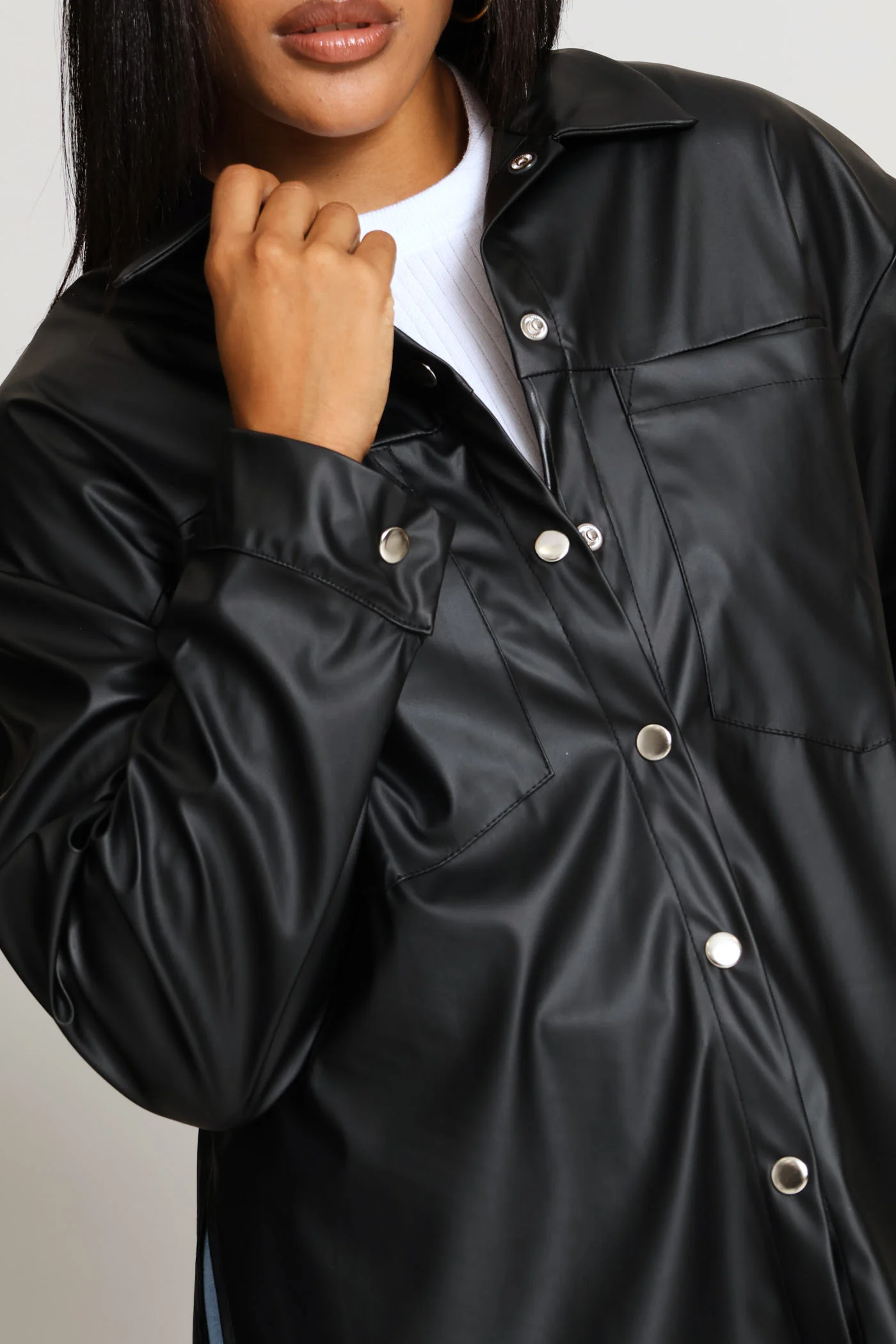 Long Sleeve Curved Hem Press Stud & Pocket Detail Shacket - Black - Image 3