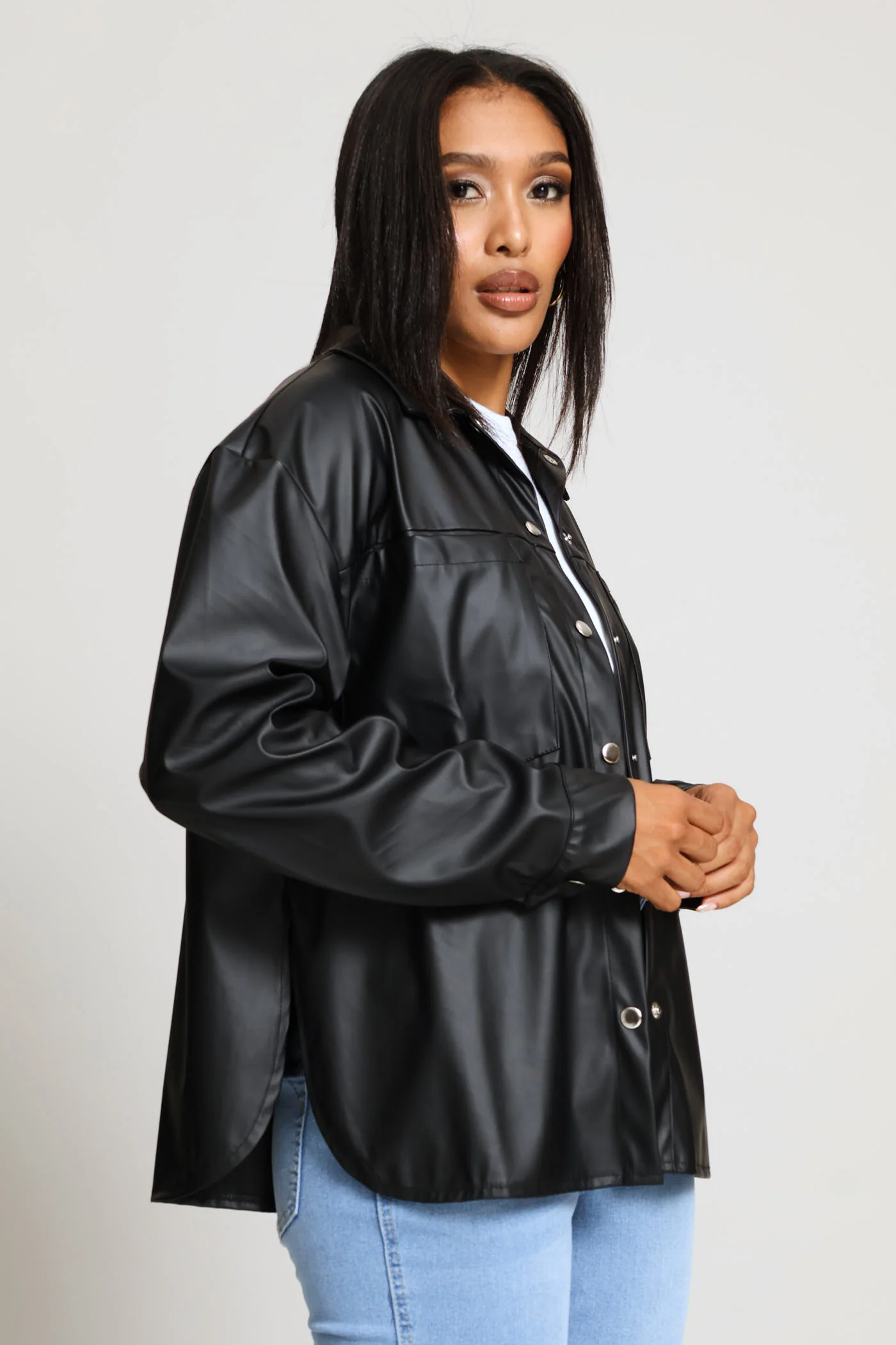 Long Sleeve Curved Hem Press Stud & Pocket Detail Shacket - Black - Image 4