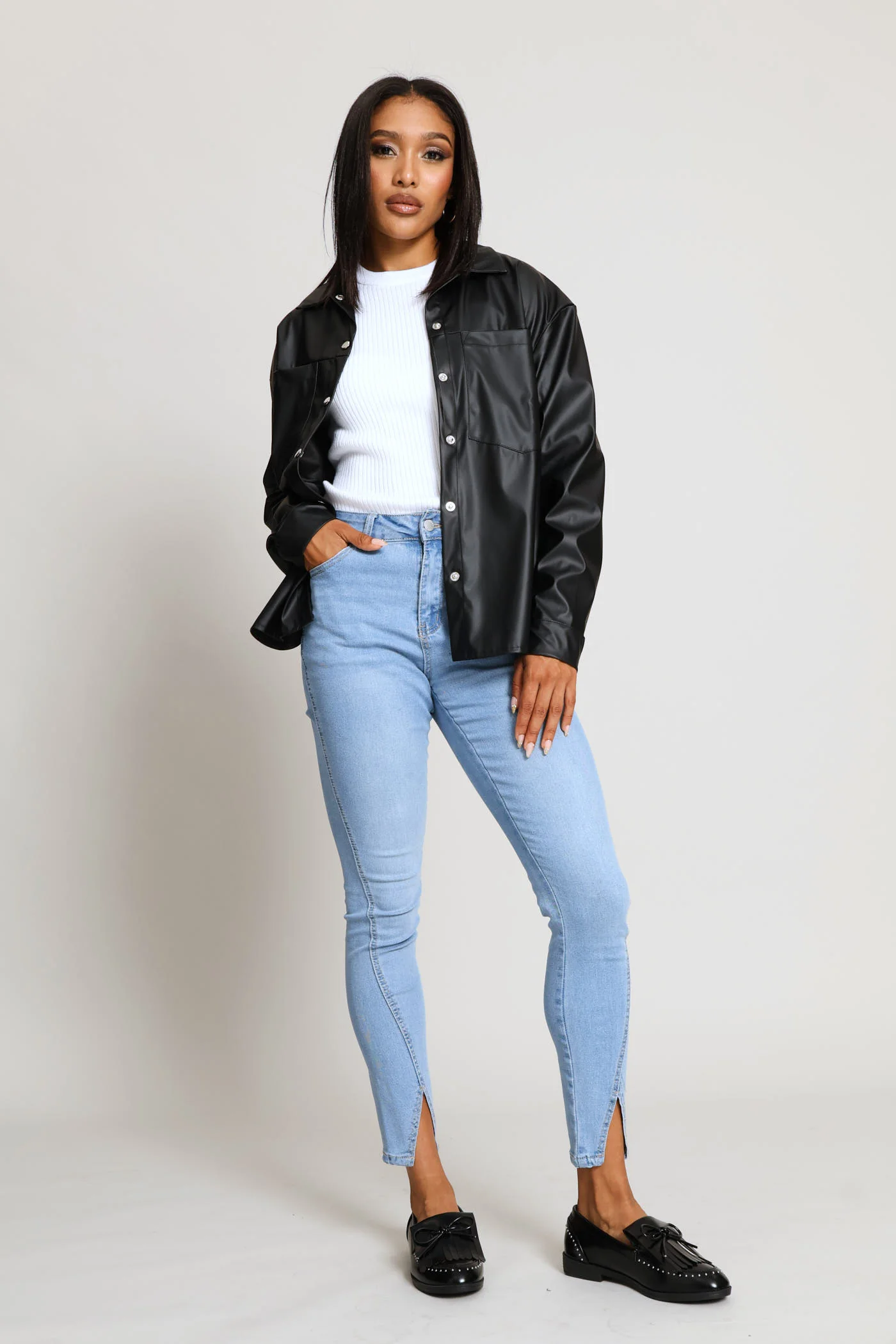 Long Sleeve Curved Hem Press Stud & Pocket Detail Shacket - Black - Image 5