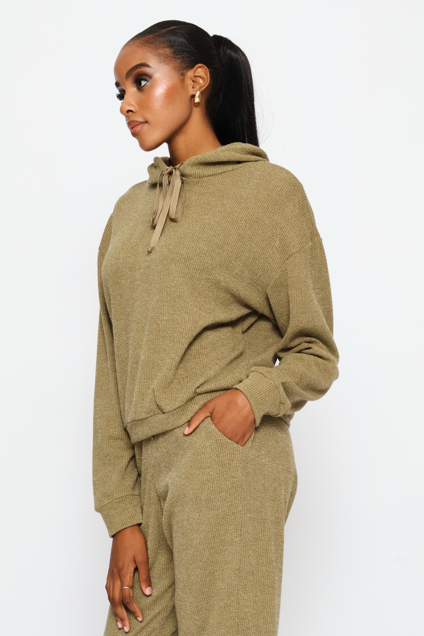Long Sleeve Cut & Sew Leisure Hoody - Olive - Image 4