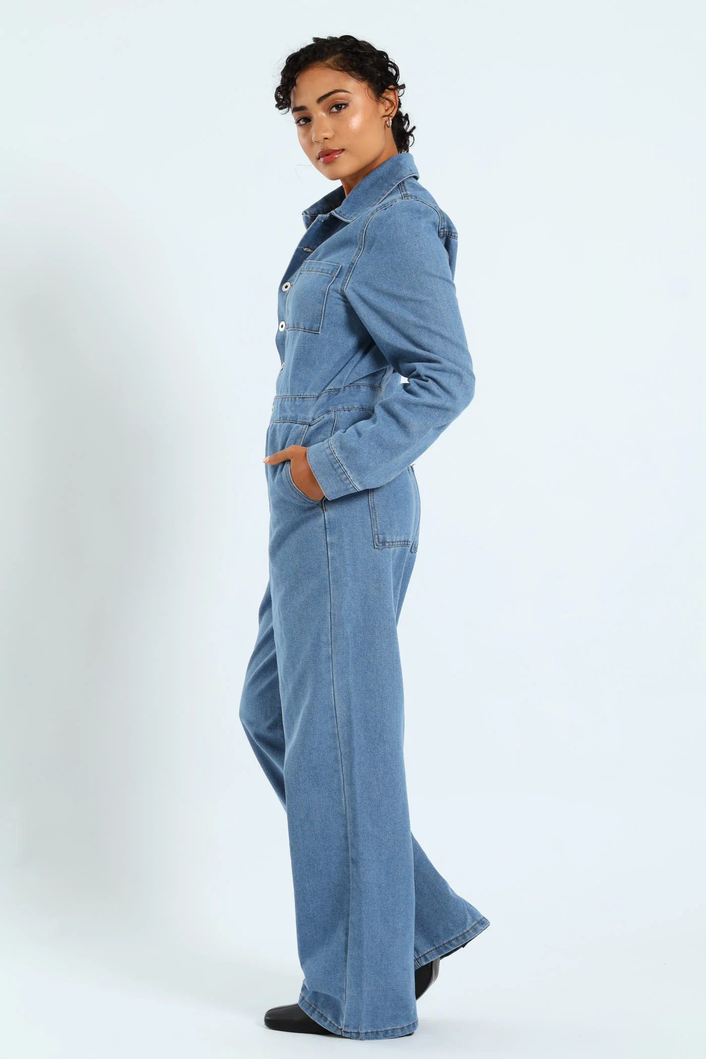 Long Sleeve Denim Boiler Suit - Mid Blue - Image 2