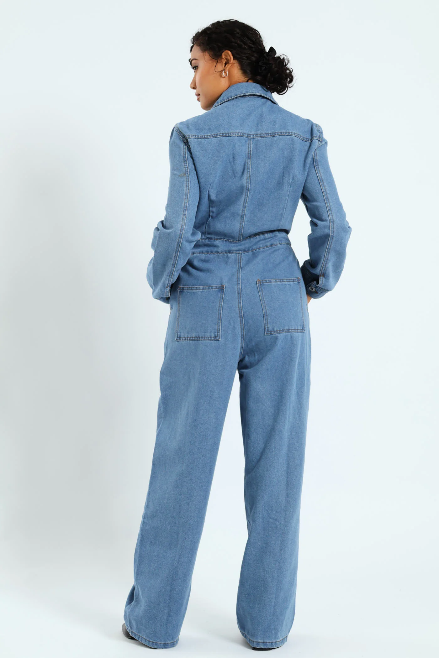 Long Sleeve Denim Boiler Suit - Mid Blue - Image 3