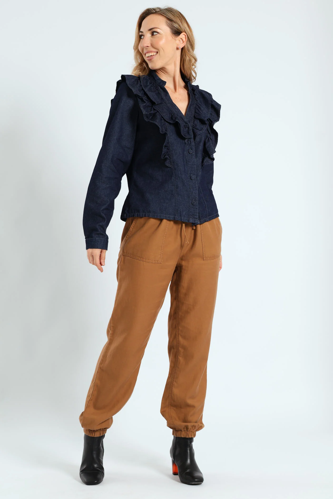 Long Sleeve Denim Frill Button Through Shirt - Ink - Image 4