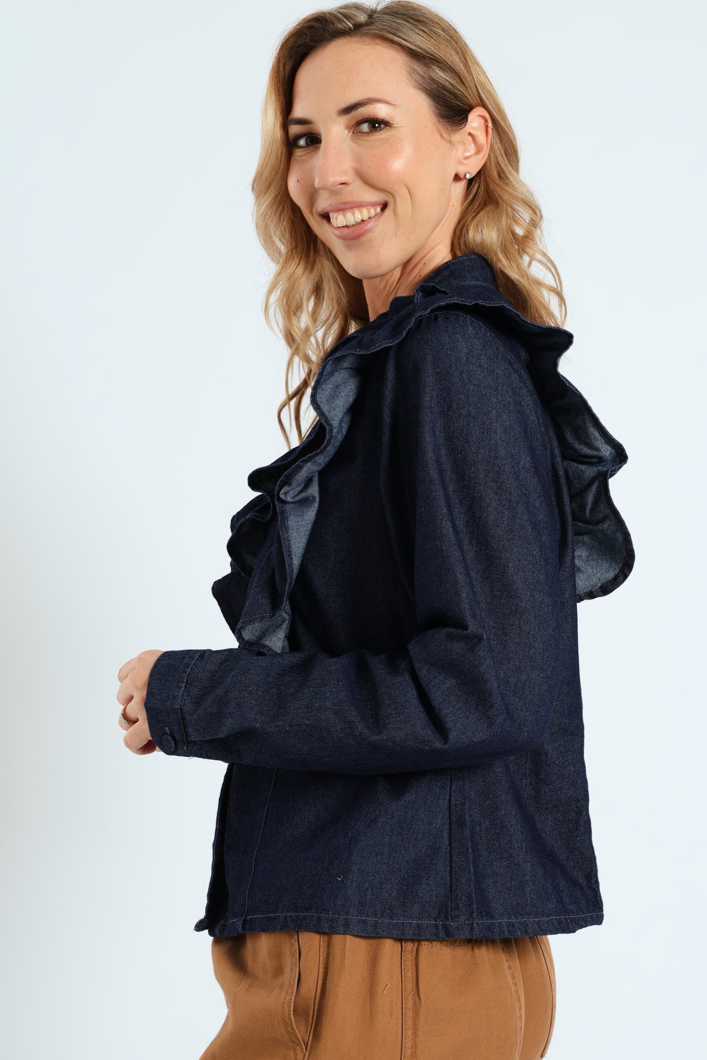 Long Sleeve Denim Frill Button Through Shirt - Ink - Image 5