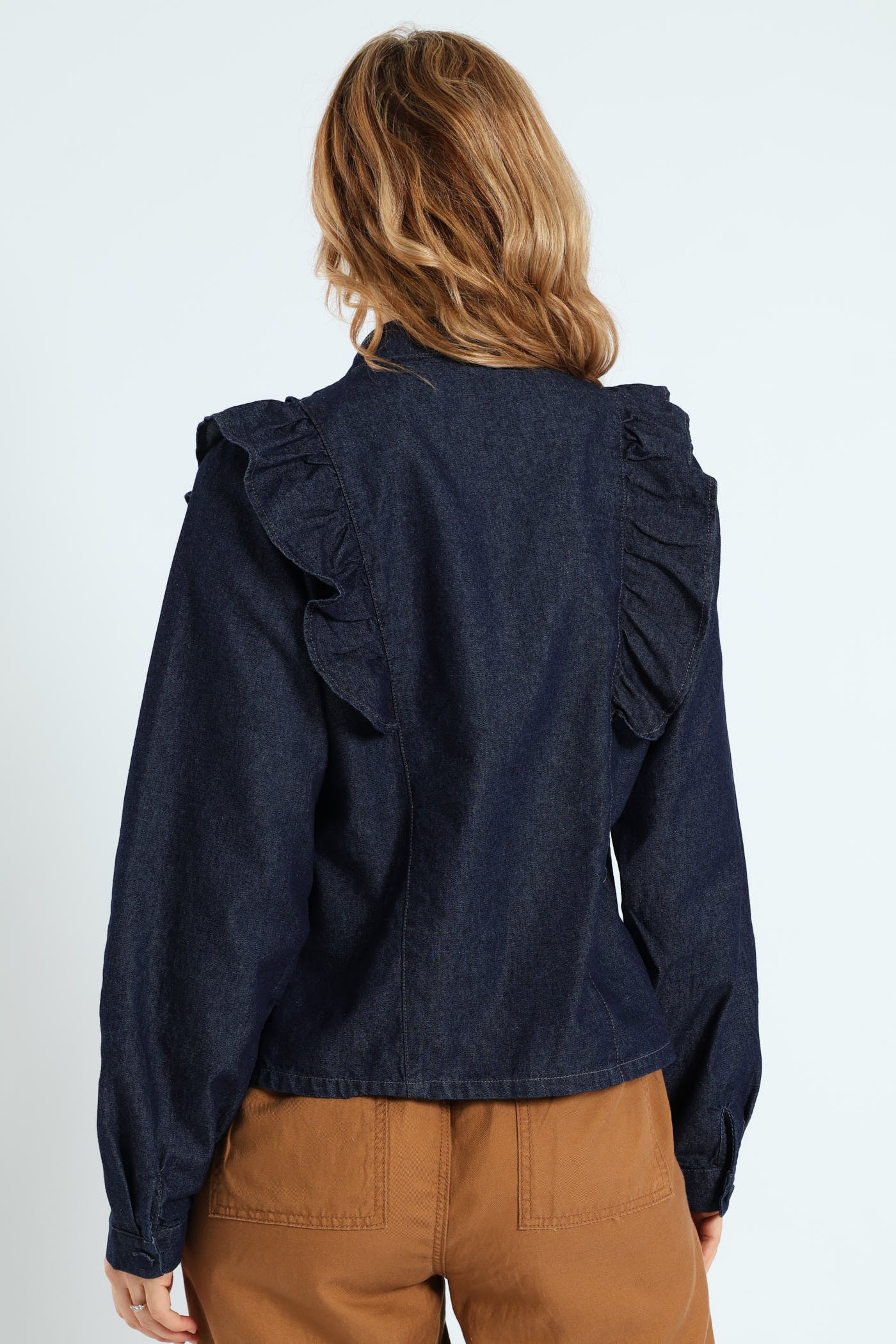 Long Sleeve Denim Frill Button Through Shirt - Ink - Image 6