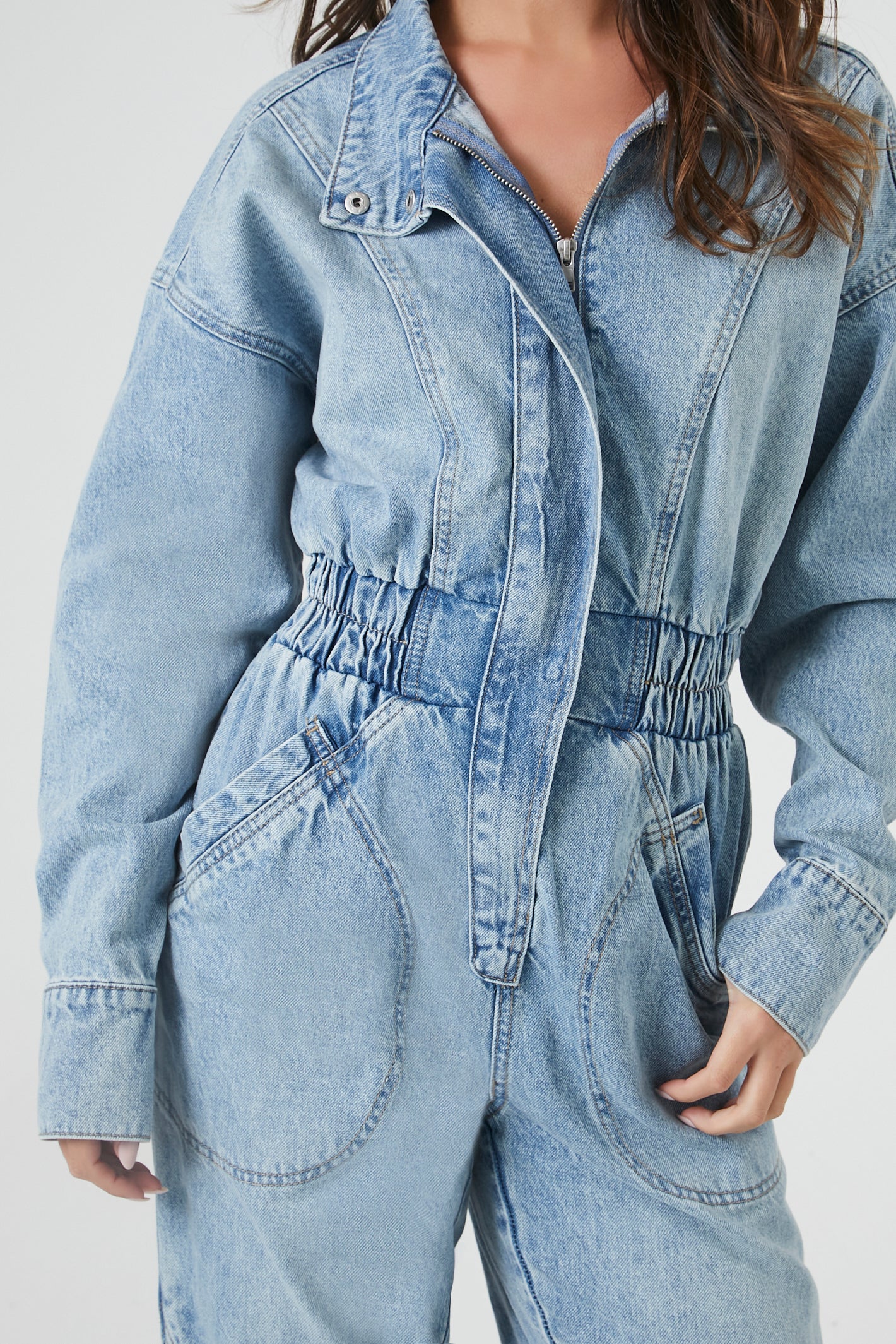 Long Sleeve Denim Jumpsuit - Mid Blue - Image 2