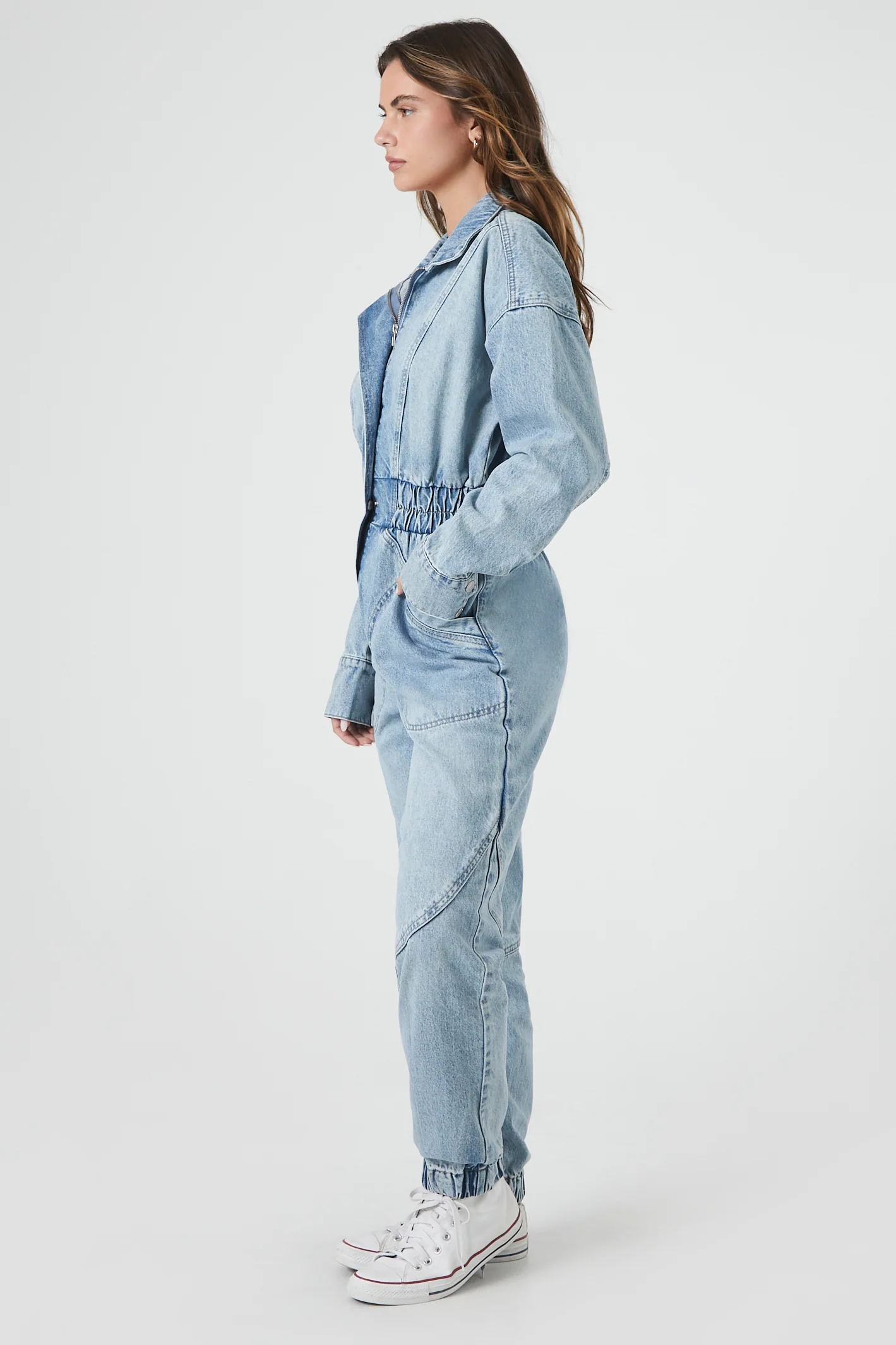 Long Sleeve Denim Jumpsuit - Mid Blue - Image 3