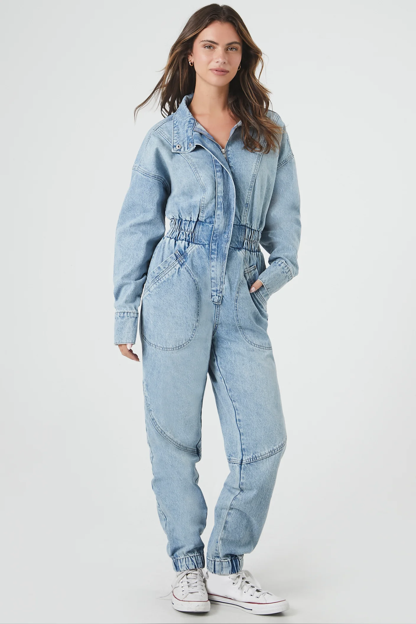 Long Sleeve Denim Jumpsuit - Mid Blue - Image 4