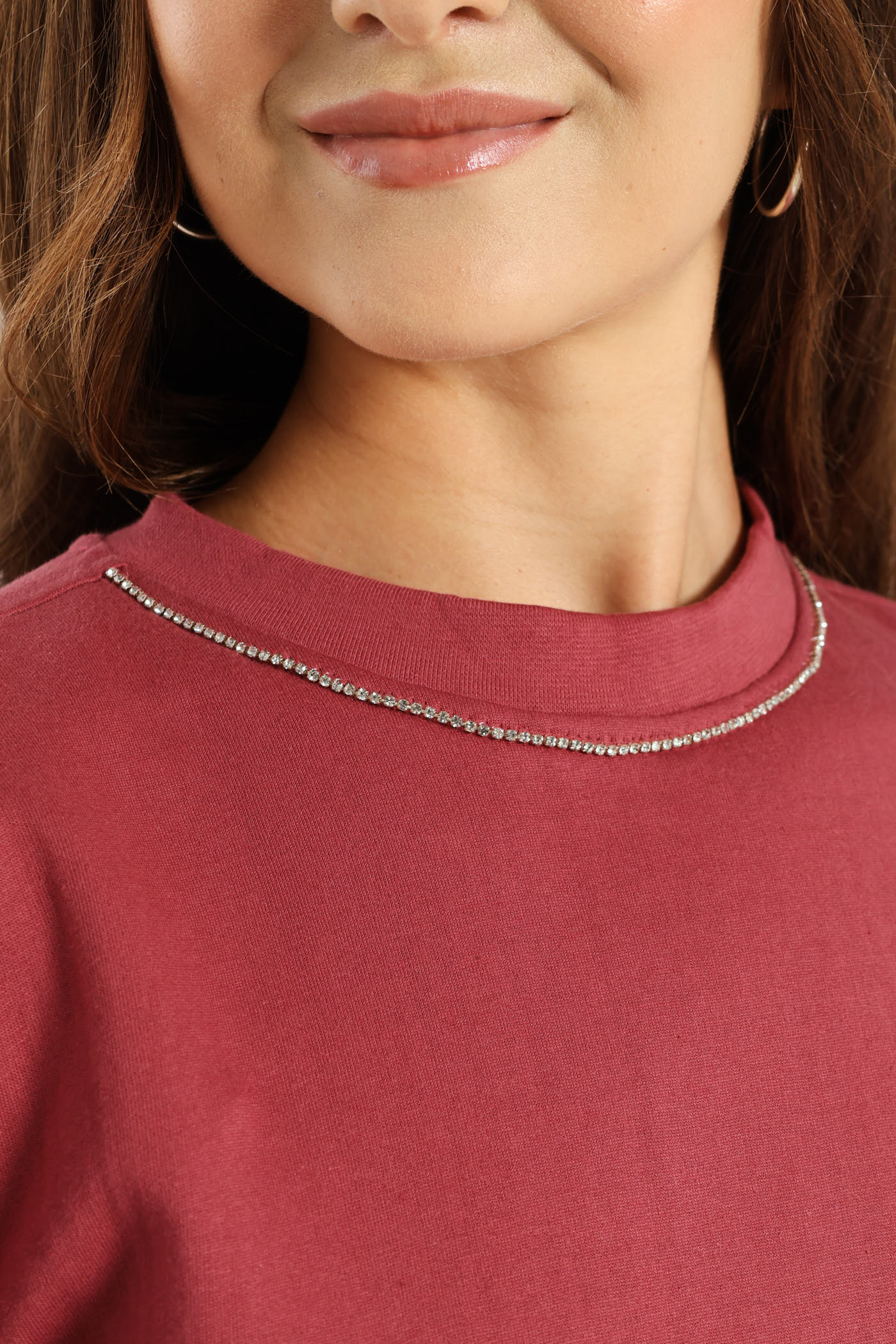 Long Sleeve Diamante Neckline Pullover - Deco Rose - Image 2