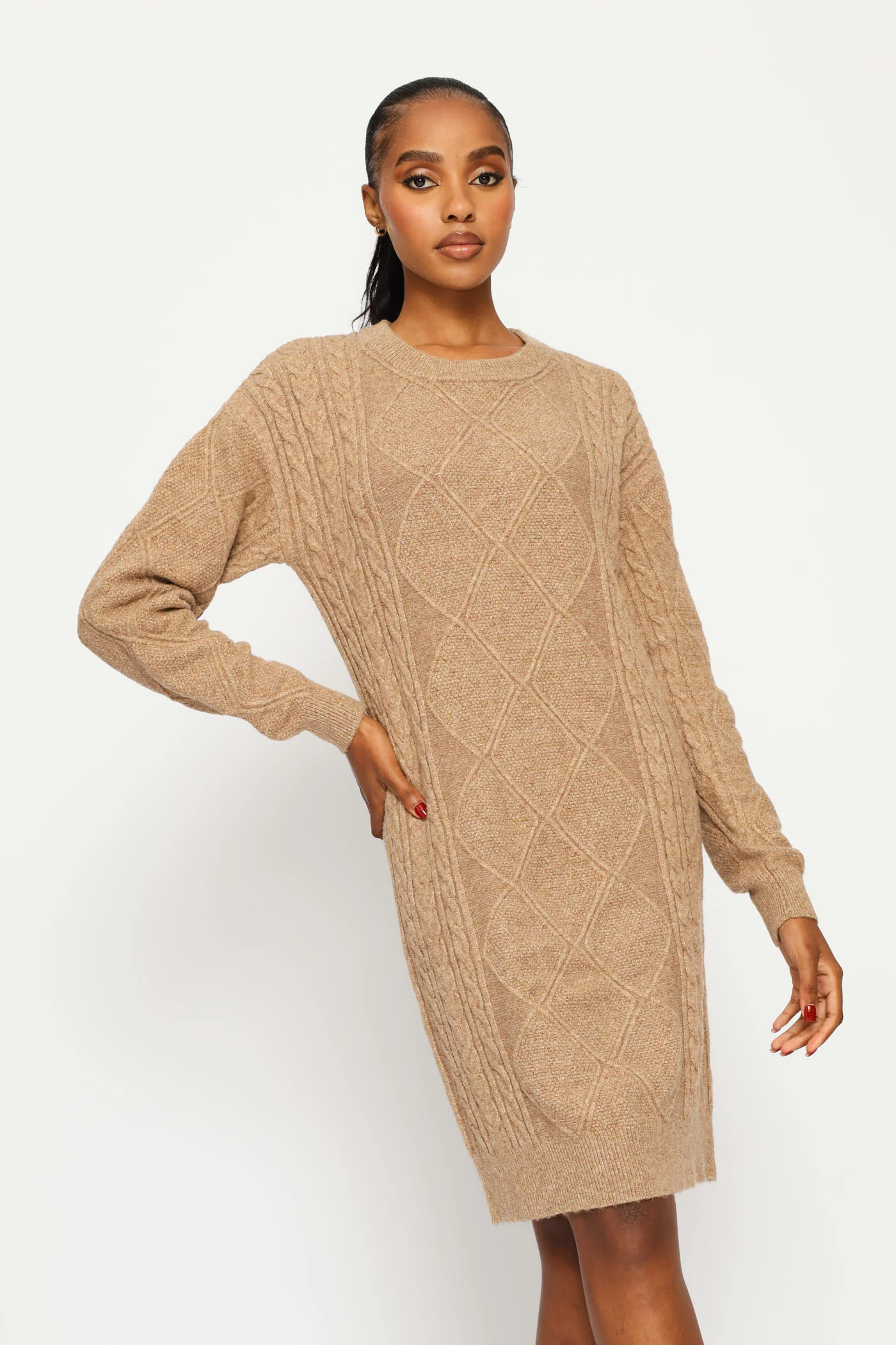 Long Sleeve Diamond Cable Knitwear Mini Dress - Taupe - Image 2
