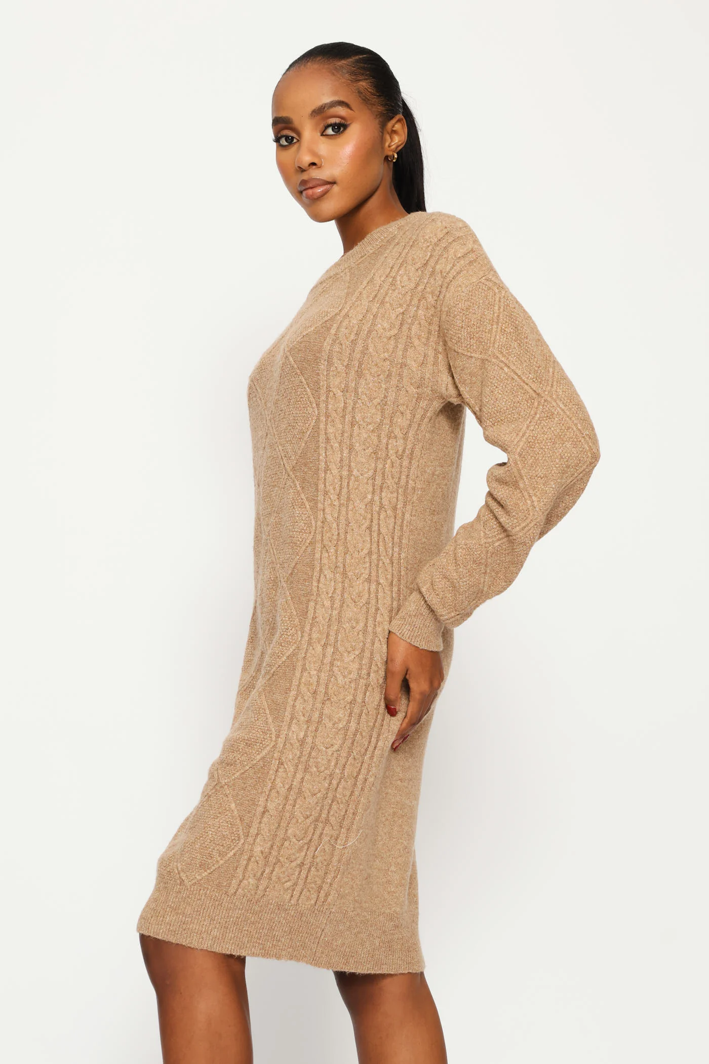 Long Sleeve Diamond Cable Knitwear Mini Dress - Taupe - Image 3