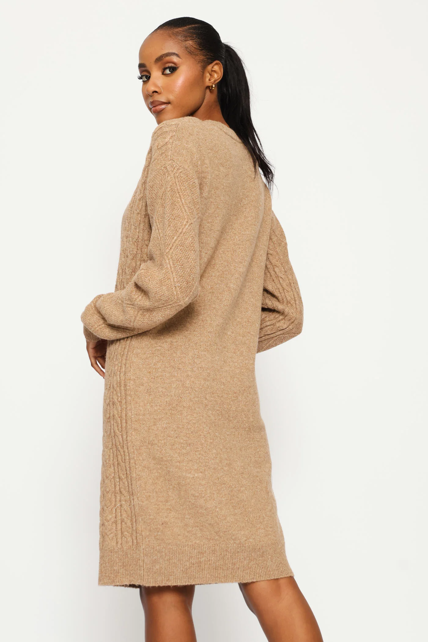 Long Sleeve Diamond Cable Knitwear Mini Dress - Taupe - Image 4