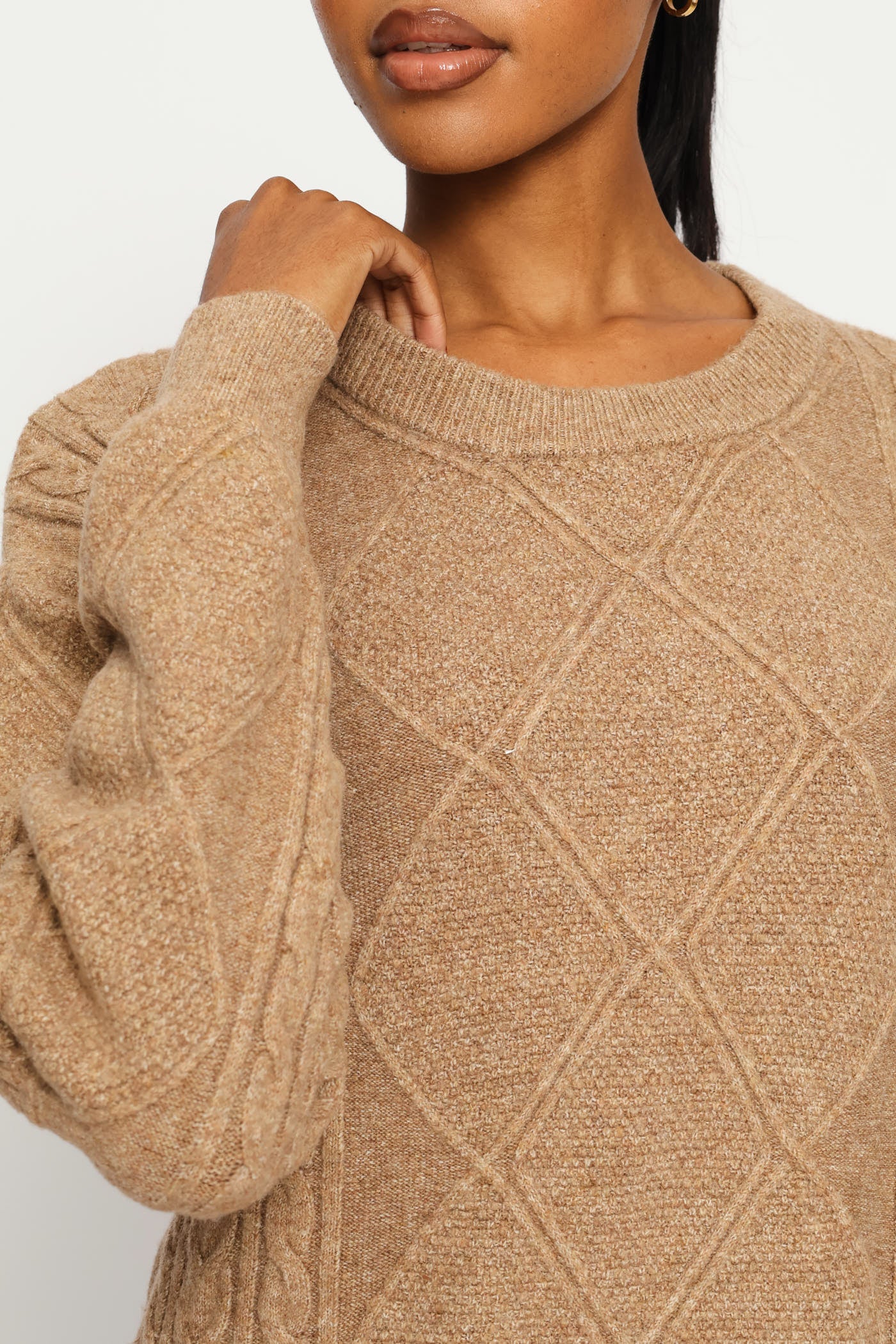 Long Sleeve Diamond Cable Knitwear Mini Dress - Taupe - Image 5