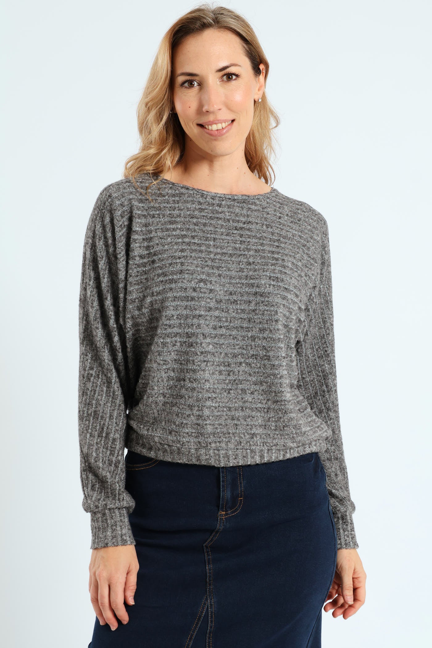Long Sleeve Dolman Sleeve Ribbed Top - Grey Melange - Image 2