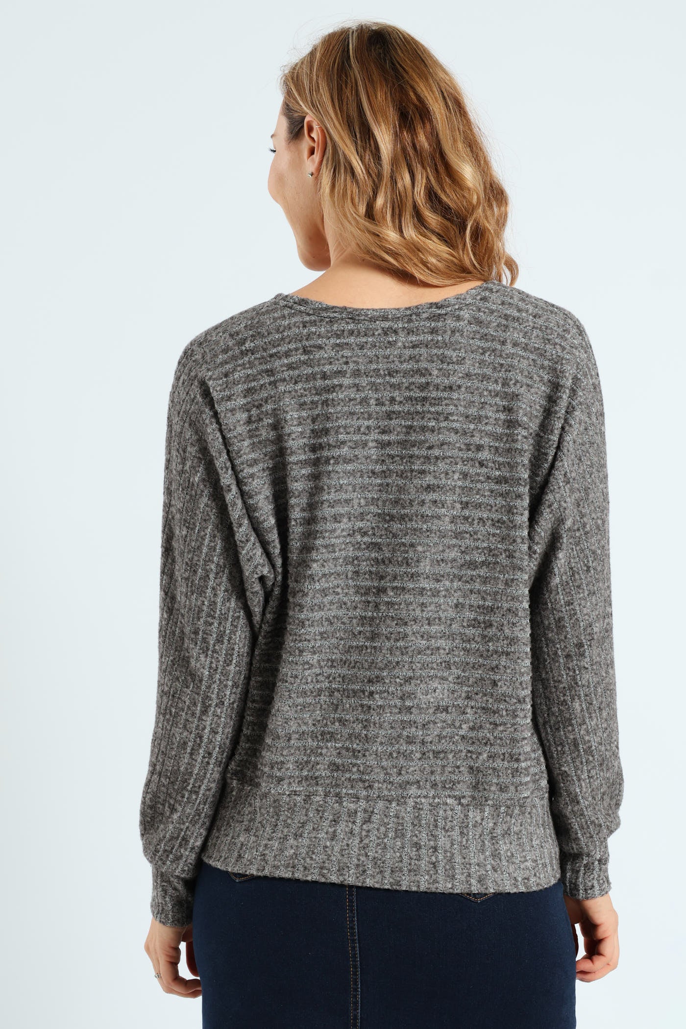 Long Sleeve Dolman Sleeve Ribbed Top - Grey Melange - Image 4