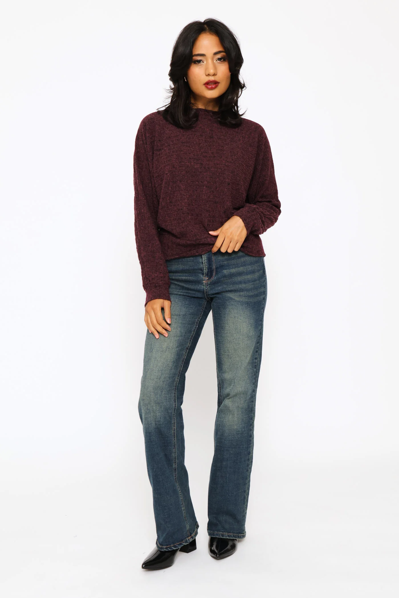 Long Sleeve Dolman Sleeve Ribbed Top - Plum - Image 2