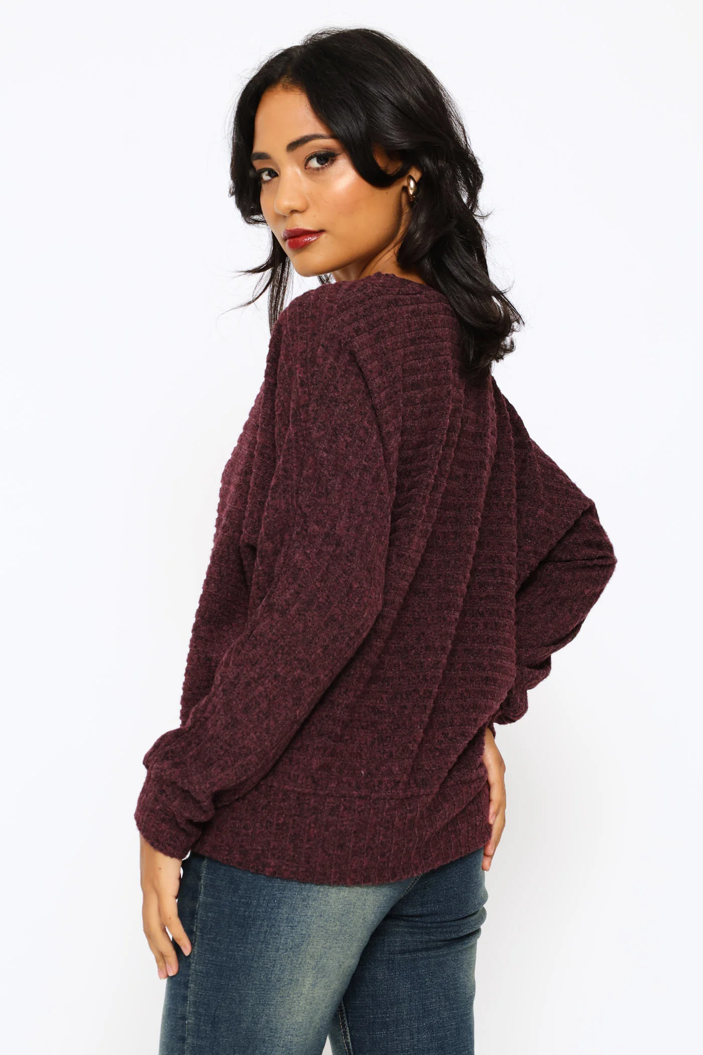 Long Sleeve Dolman Sleeve Ribbed Top - Plum - Image 3