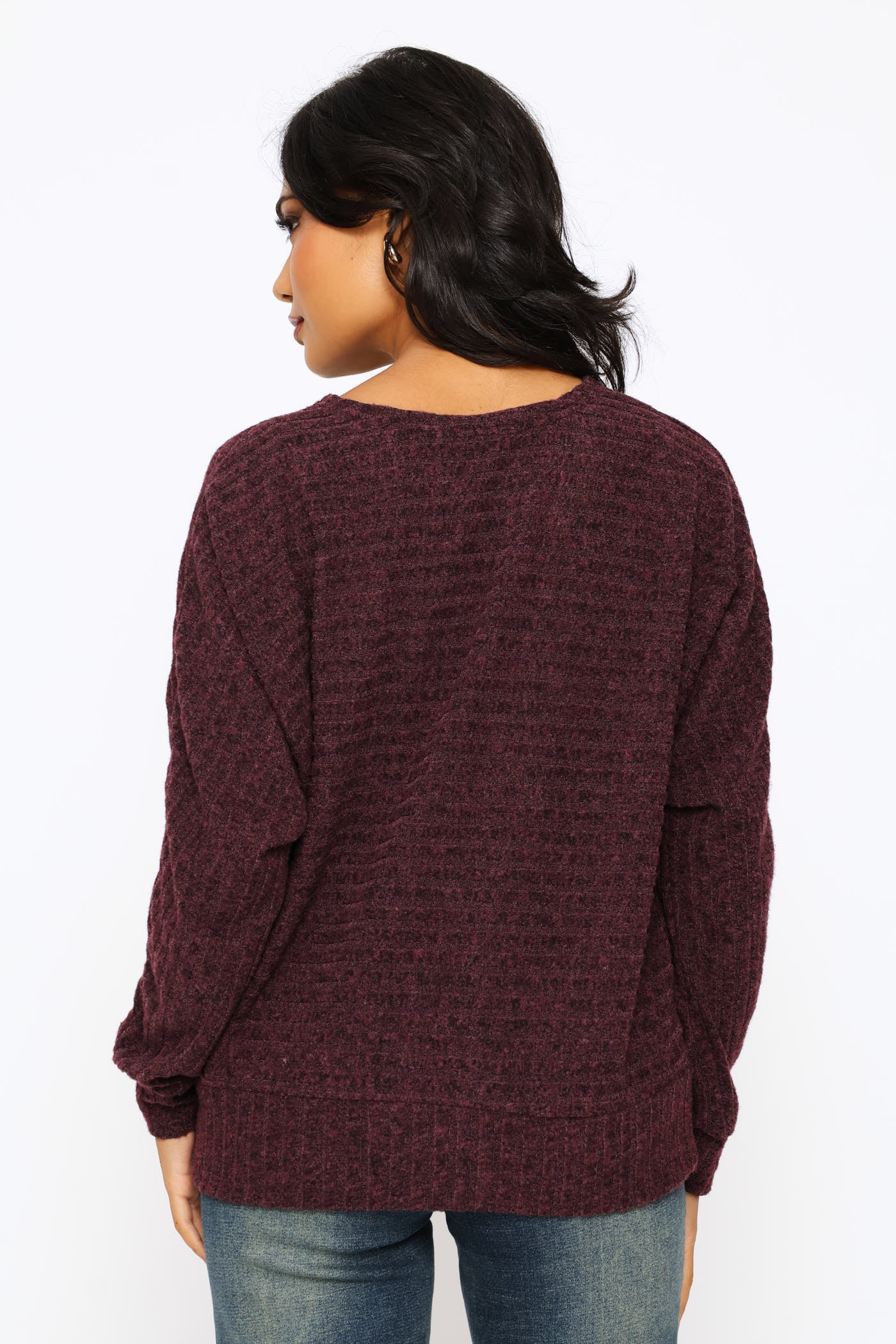 Long Sleeve Dolman Sleeve Ribbed Top - Plum - Image 4