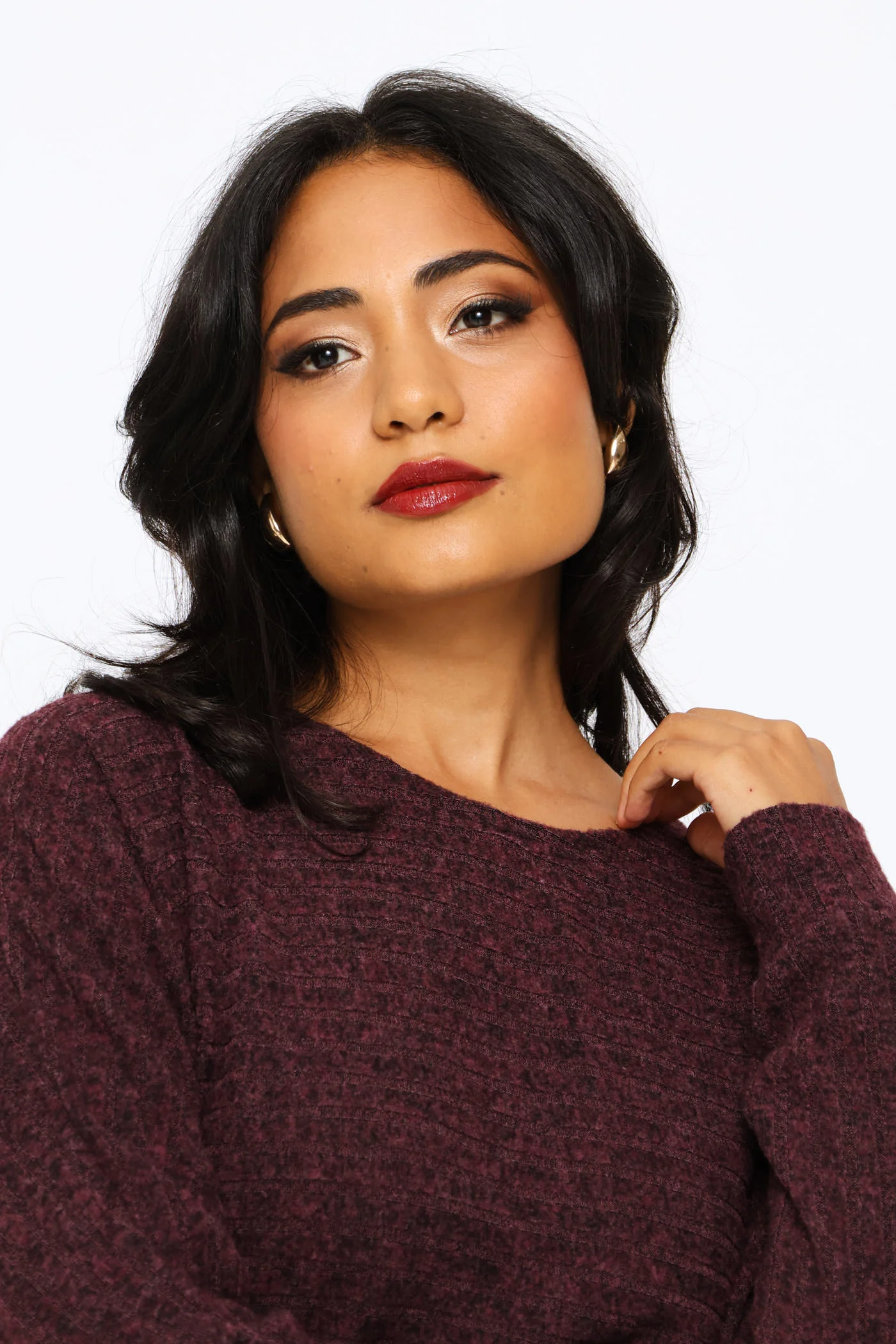 Long Sleeve Dolman Sleeve Ribbed Top - Plum - Image 5